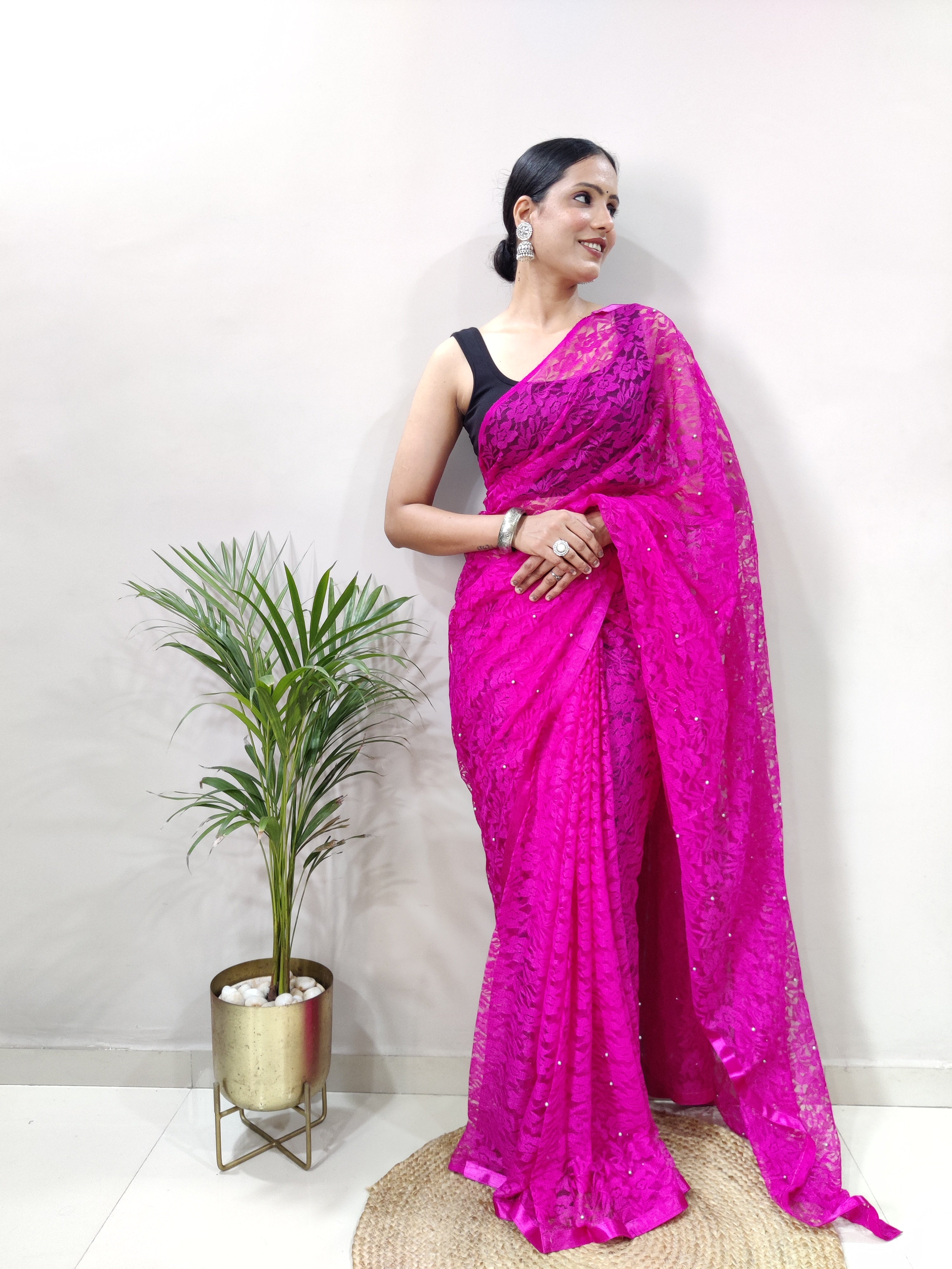 New Fancy Net Braso Dark Pink Saree With Unstiched Blouse