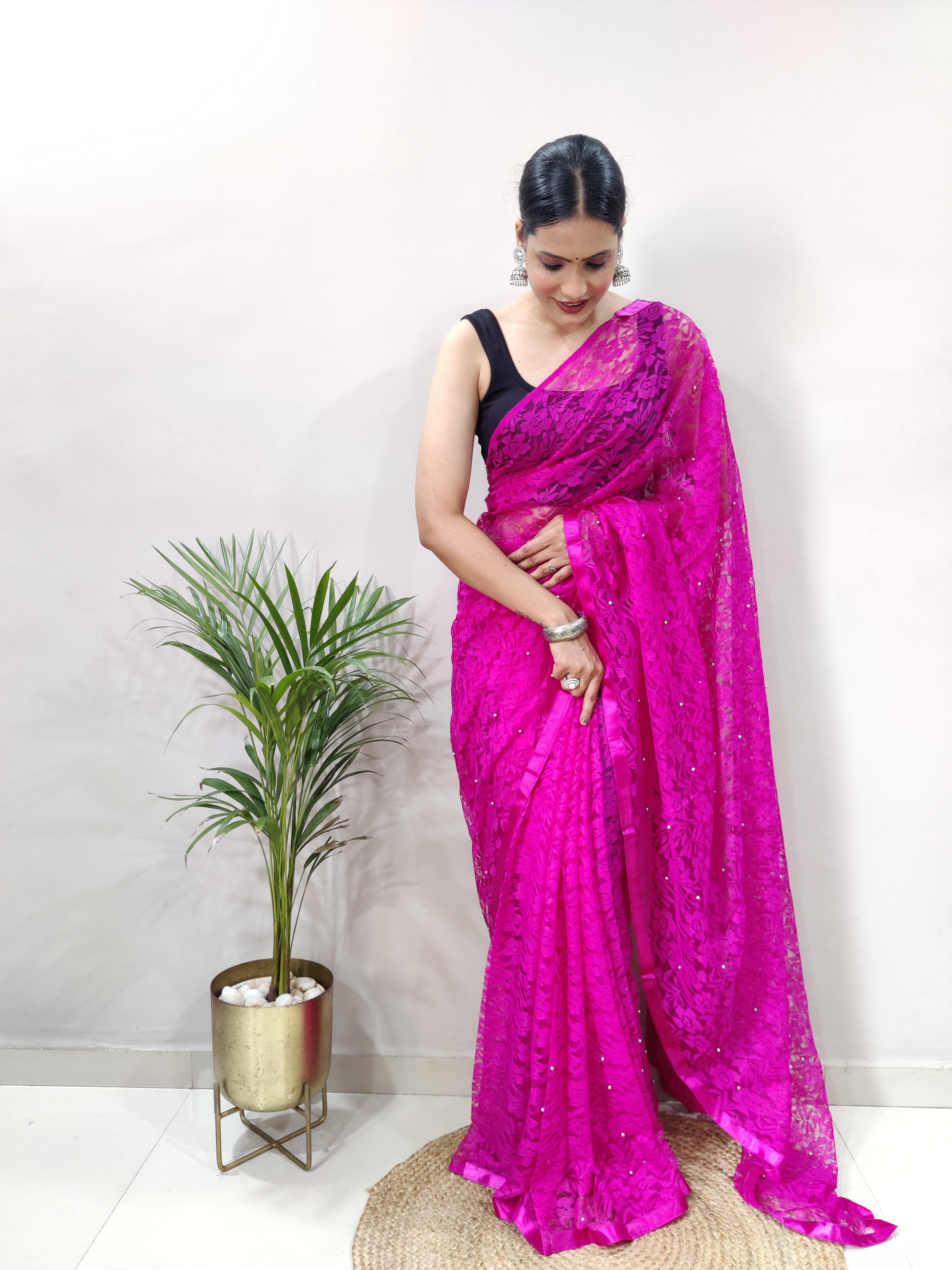 New Fancy Net Braso Dark Pink Saree With Unstiched Blouse