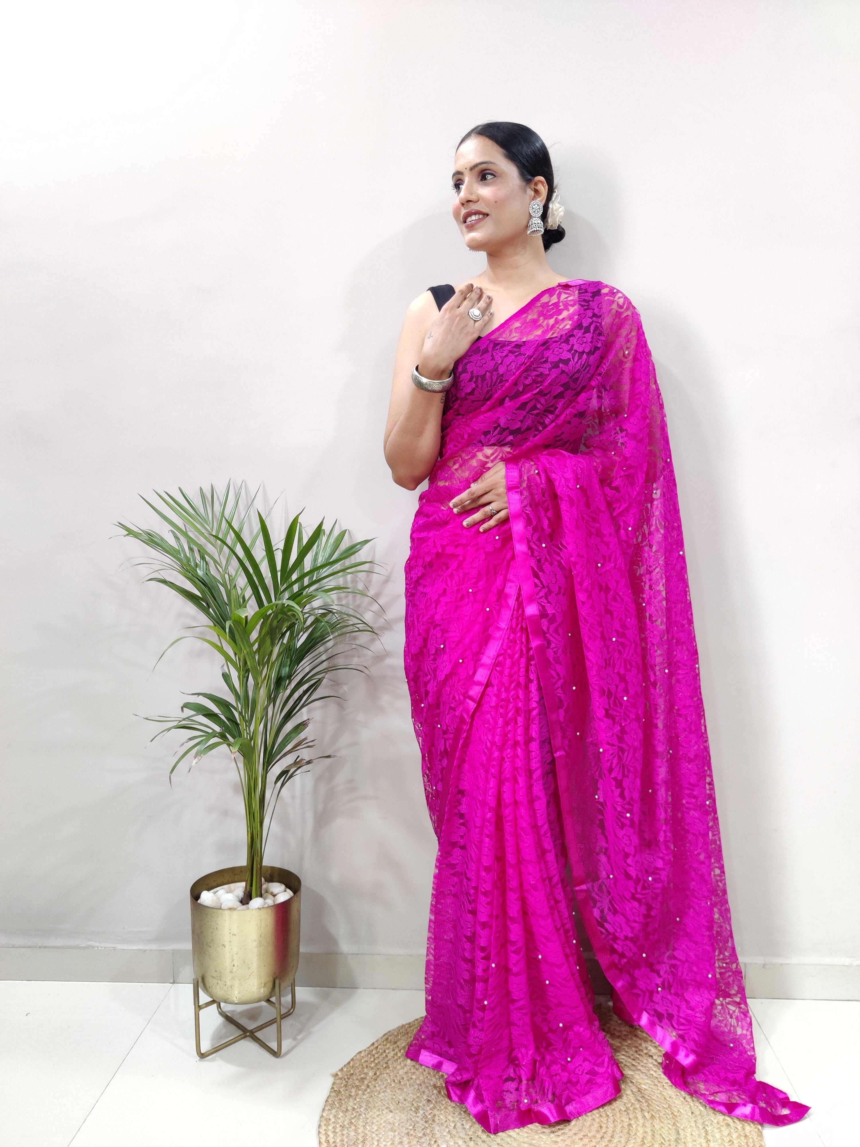 New Fancy Net Braso Dark Pink Saree With Unstiched Blouse