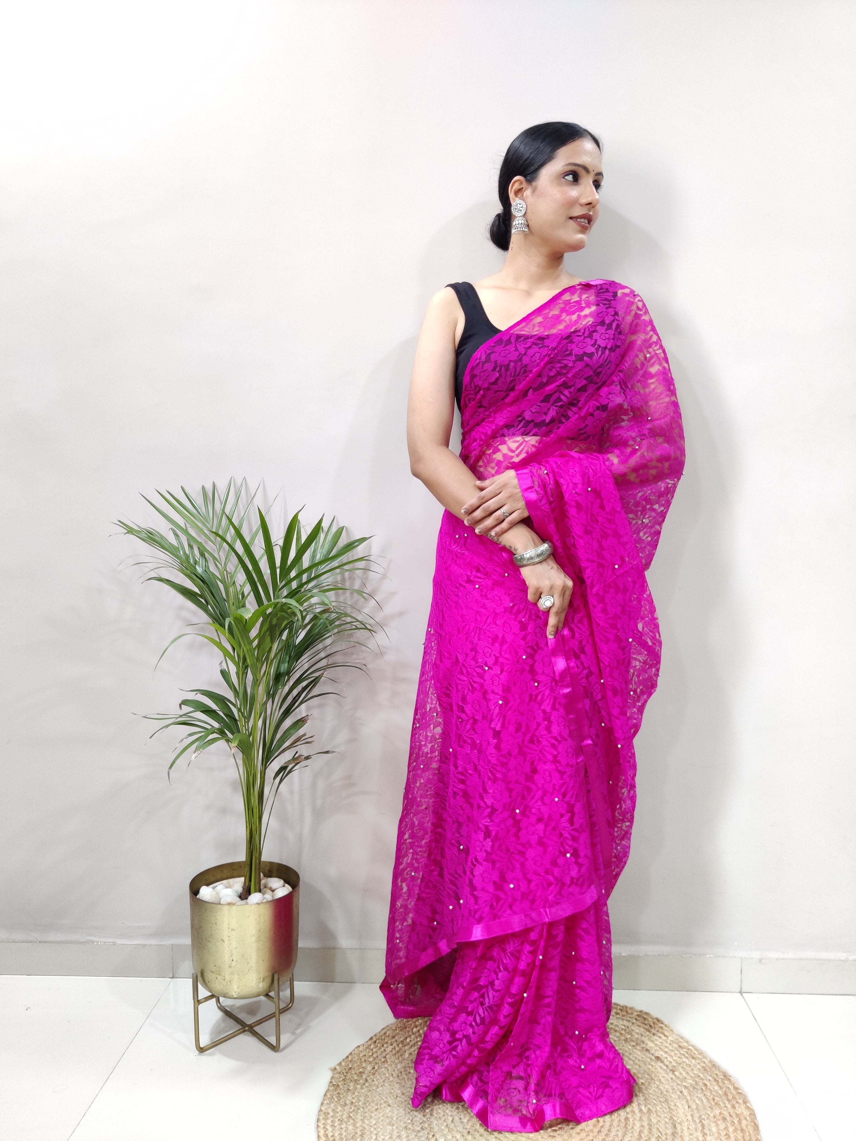 New Fancy Net Braso Dark Pink Saree With Unstiched Blouse