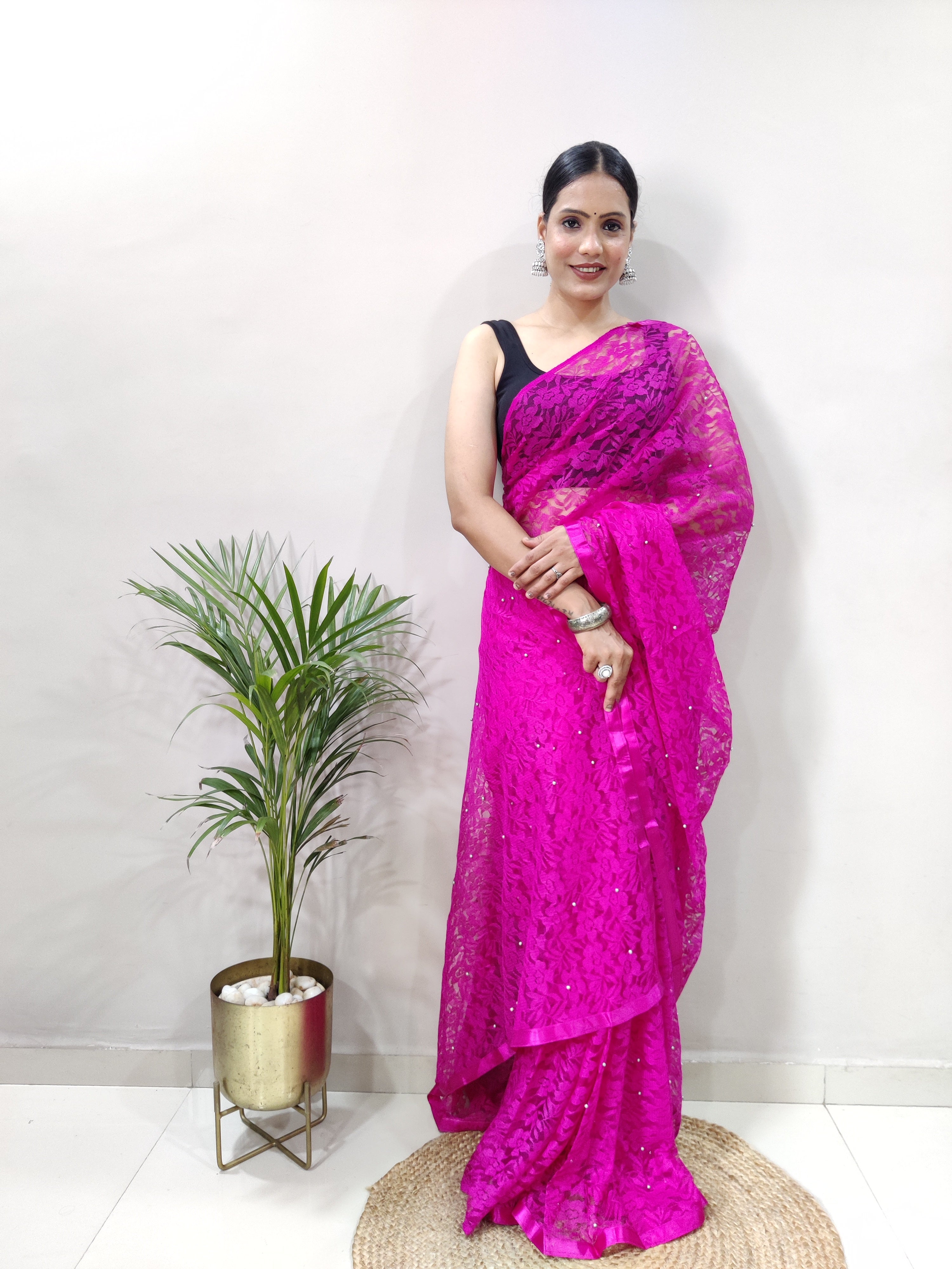 New Fancy Net Braso Dark Pink Saree With Unstiched Blouse