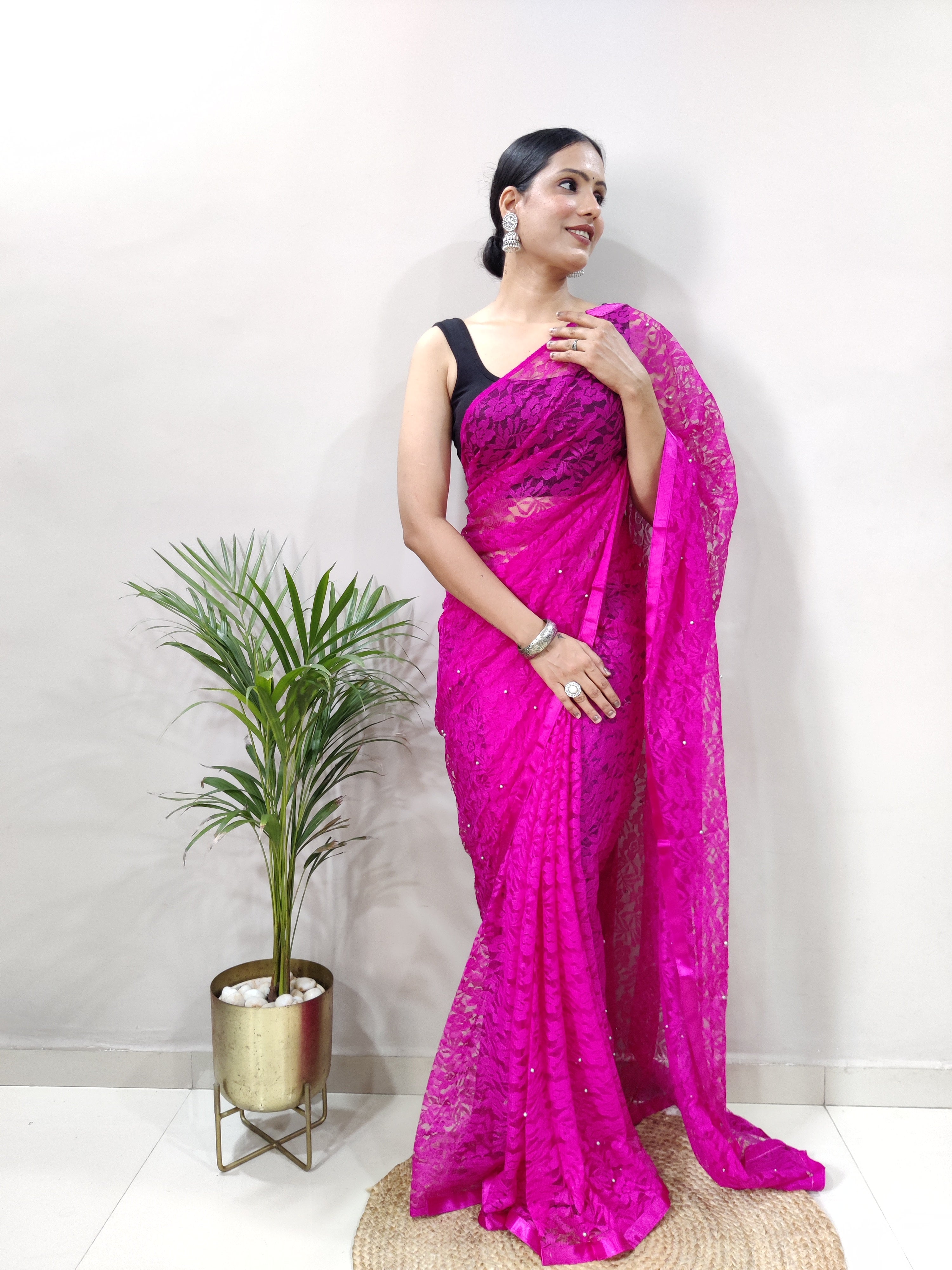 New Fancy Net Braso Dark Pink Saree With Unstiched Blouse