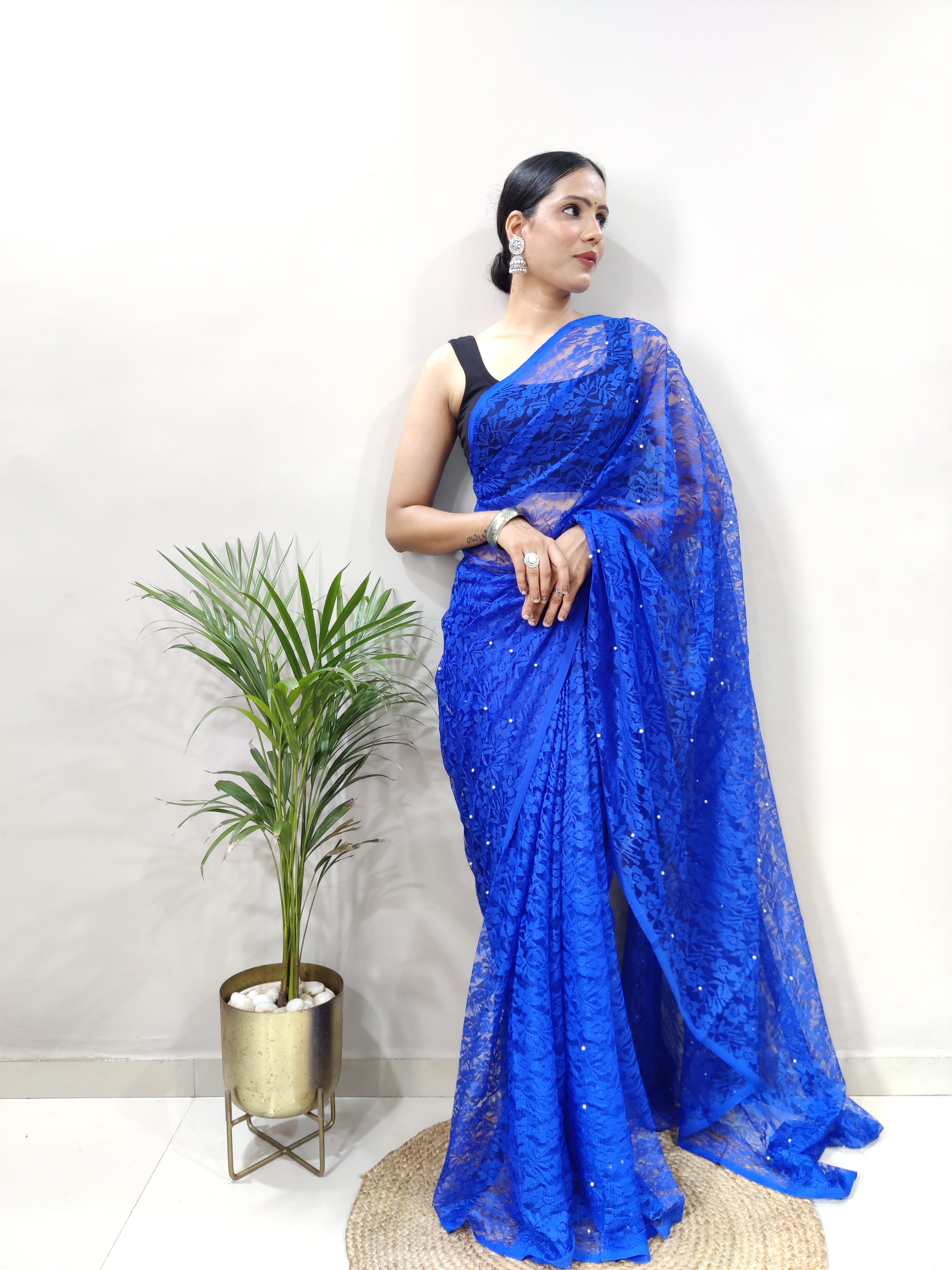 New Fancy Net Braso Blue Saree With Unstiched Blouse