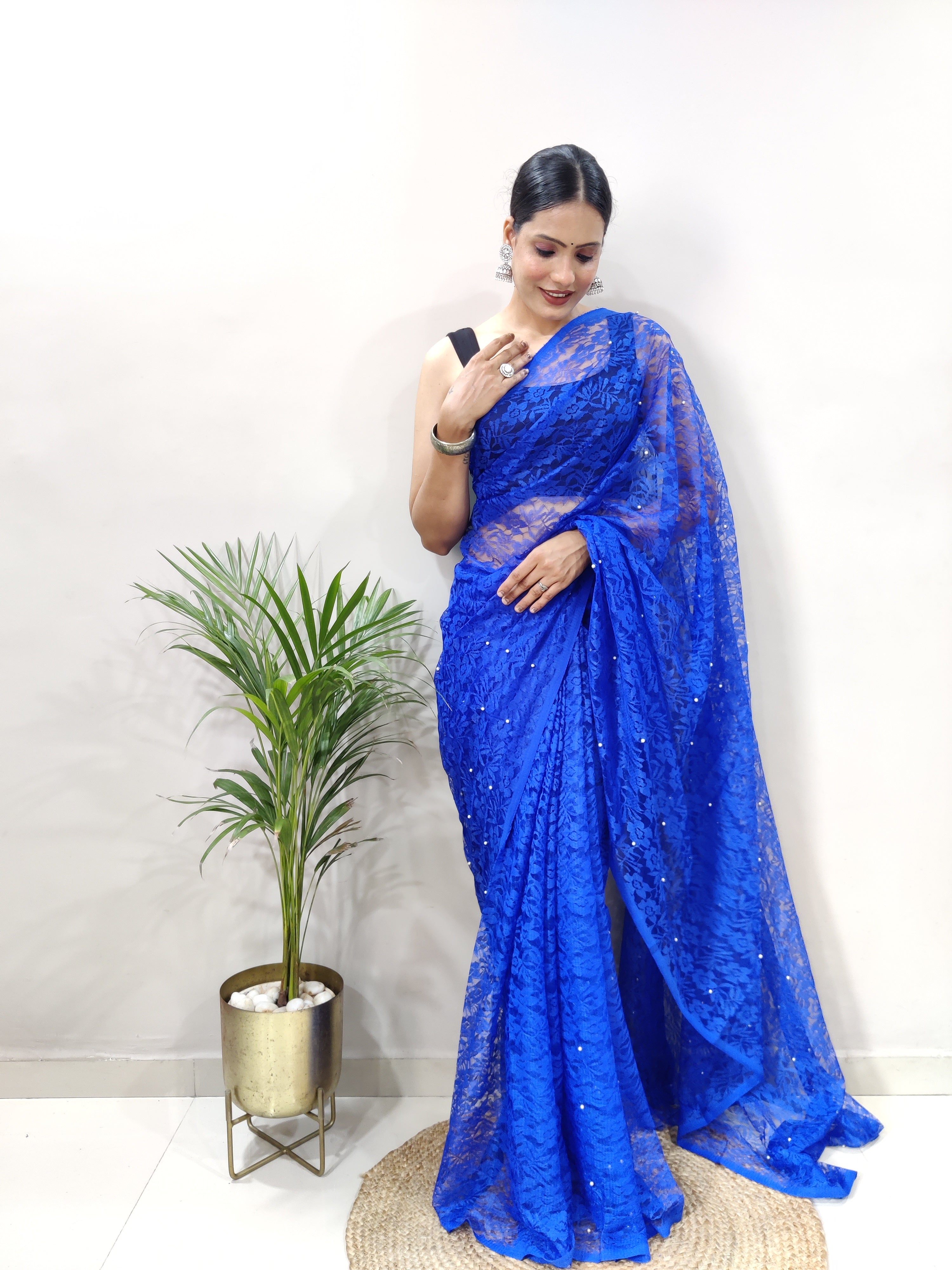 New Fancy Net Braso Blue Saree With Unstiched Blouse