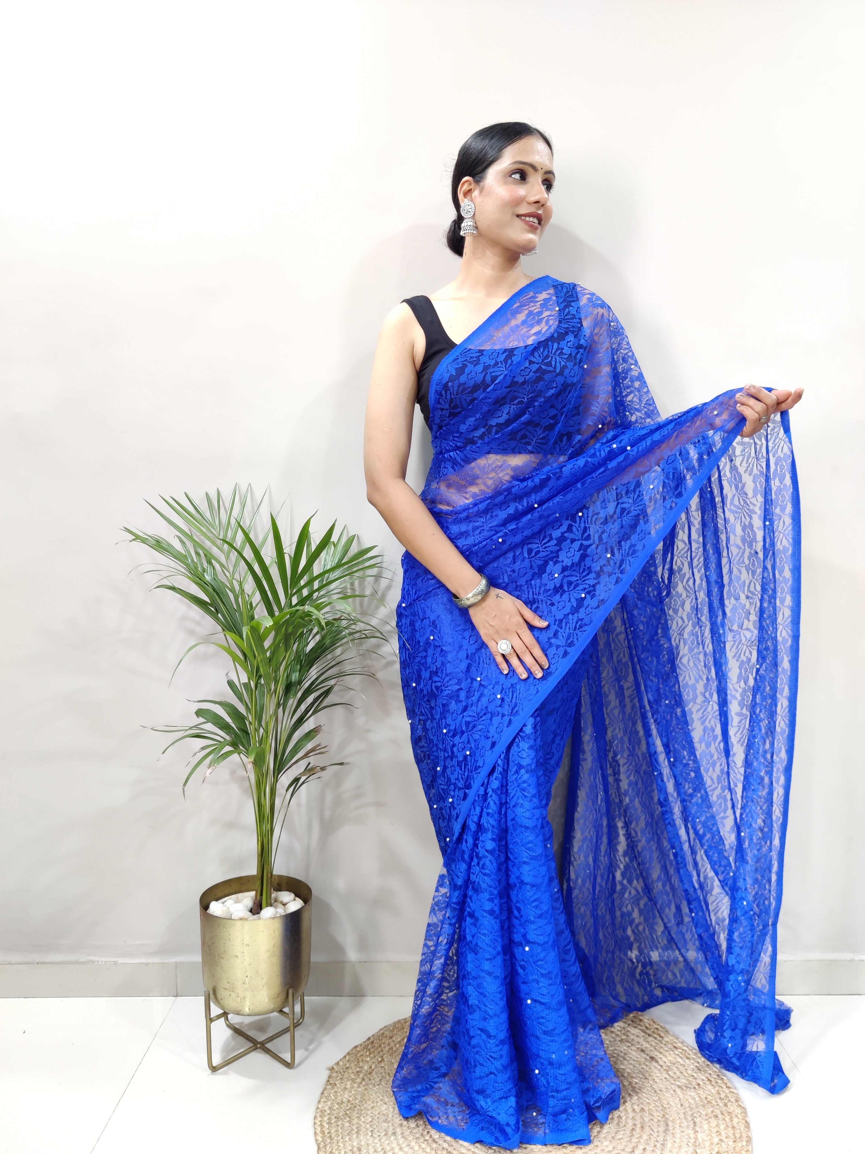 New Fancy Net Braso Blue Saree With Unstiched Blouse