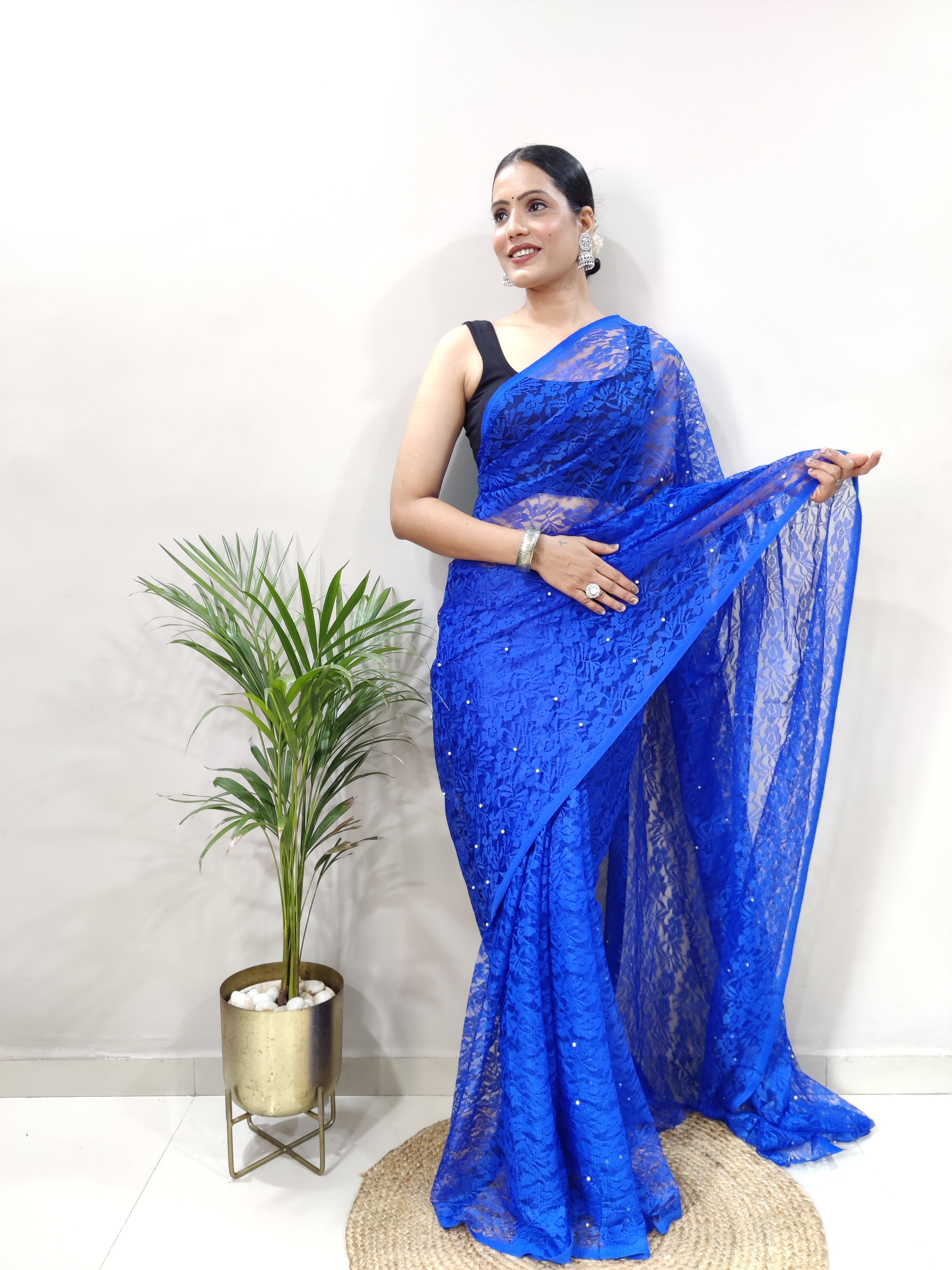 New Fancy Net Braso Blue Saree With Unstiched Blouse