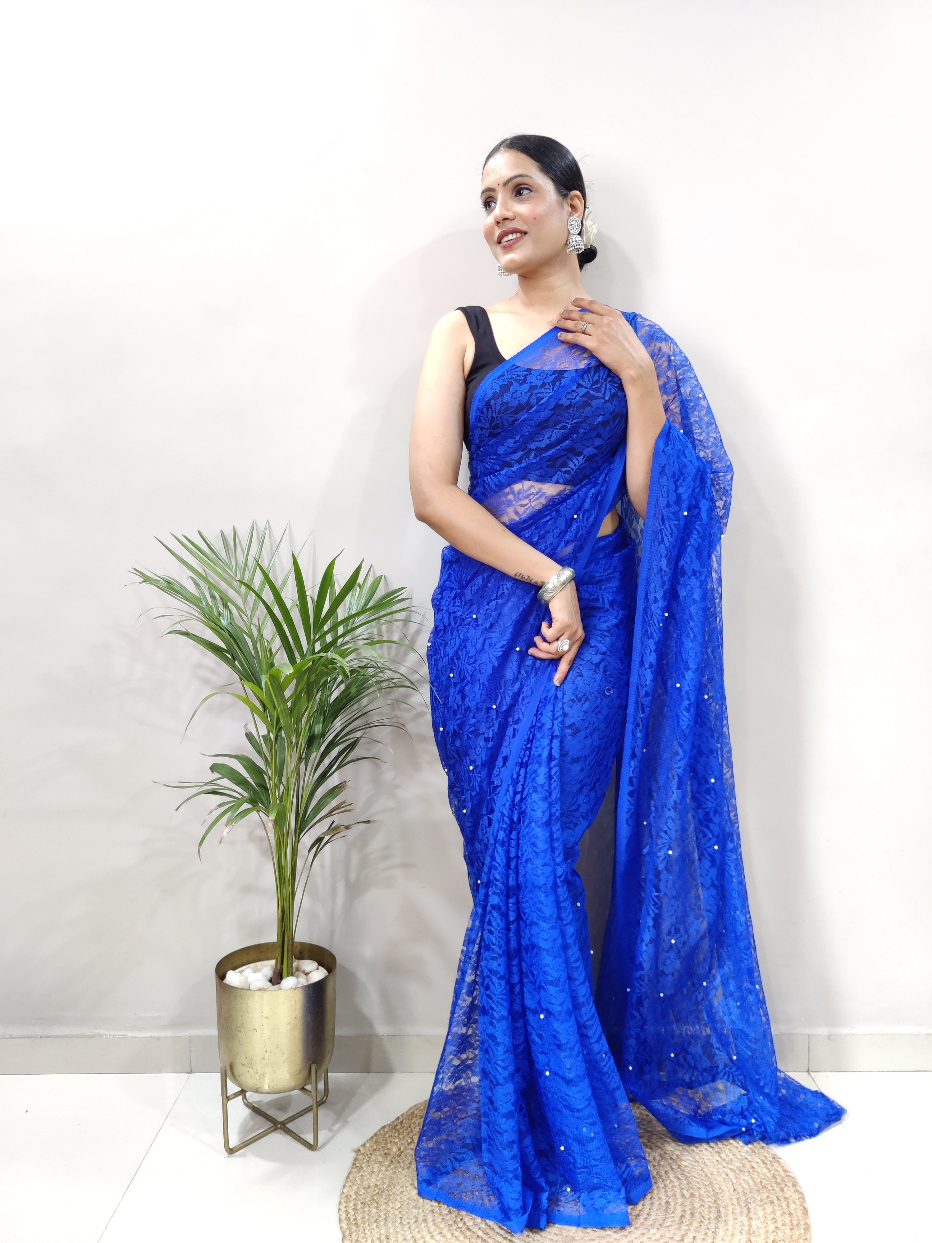 New Fancy Net Braso Blue Saree With Unstiched Blouse