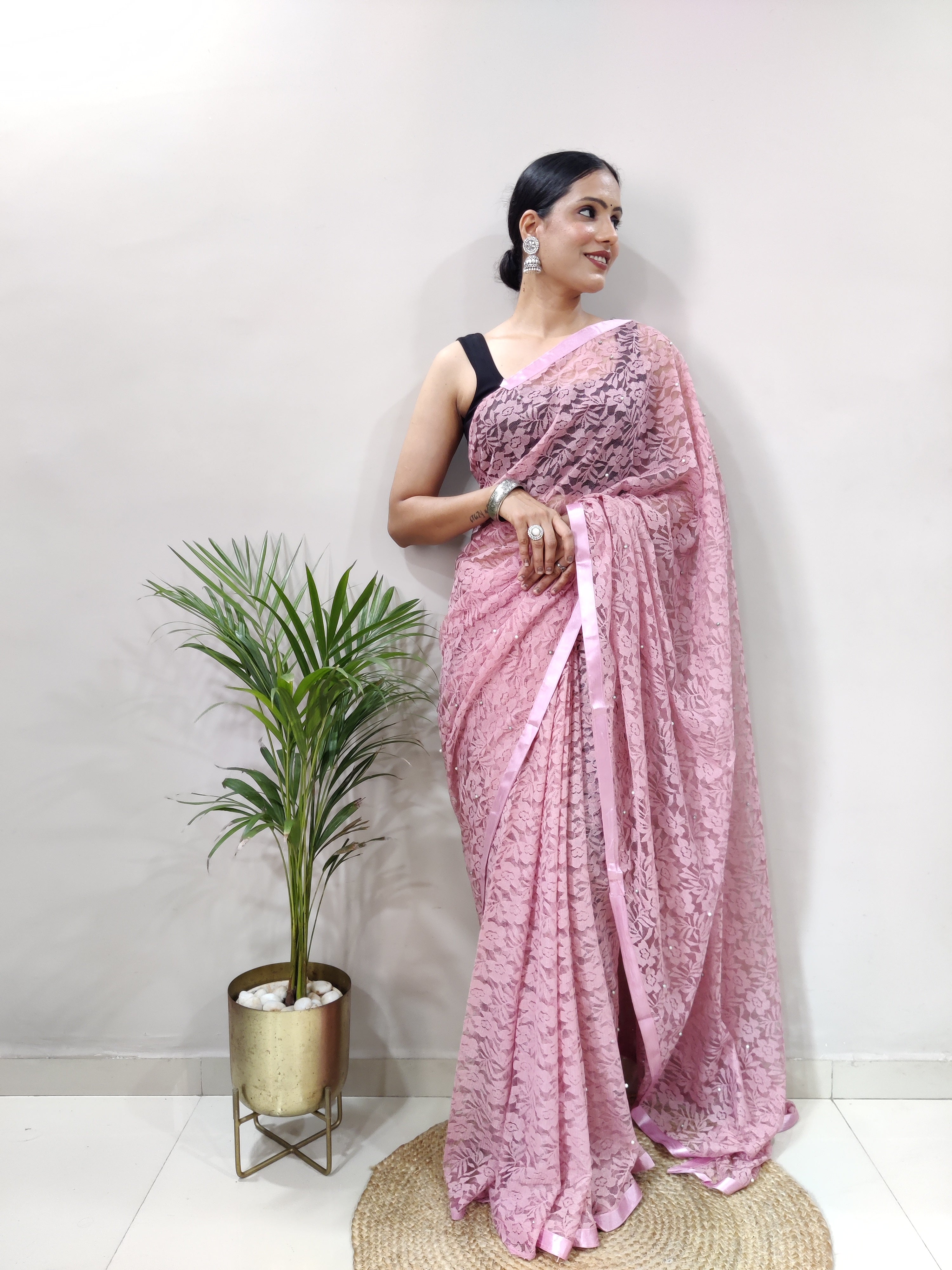 Fancy Brasso Floral Oriental Pink Saree Divashree