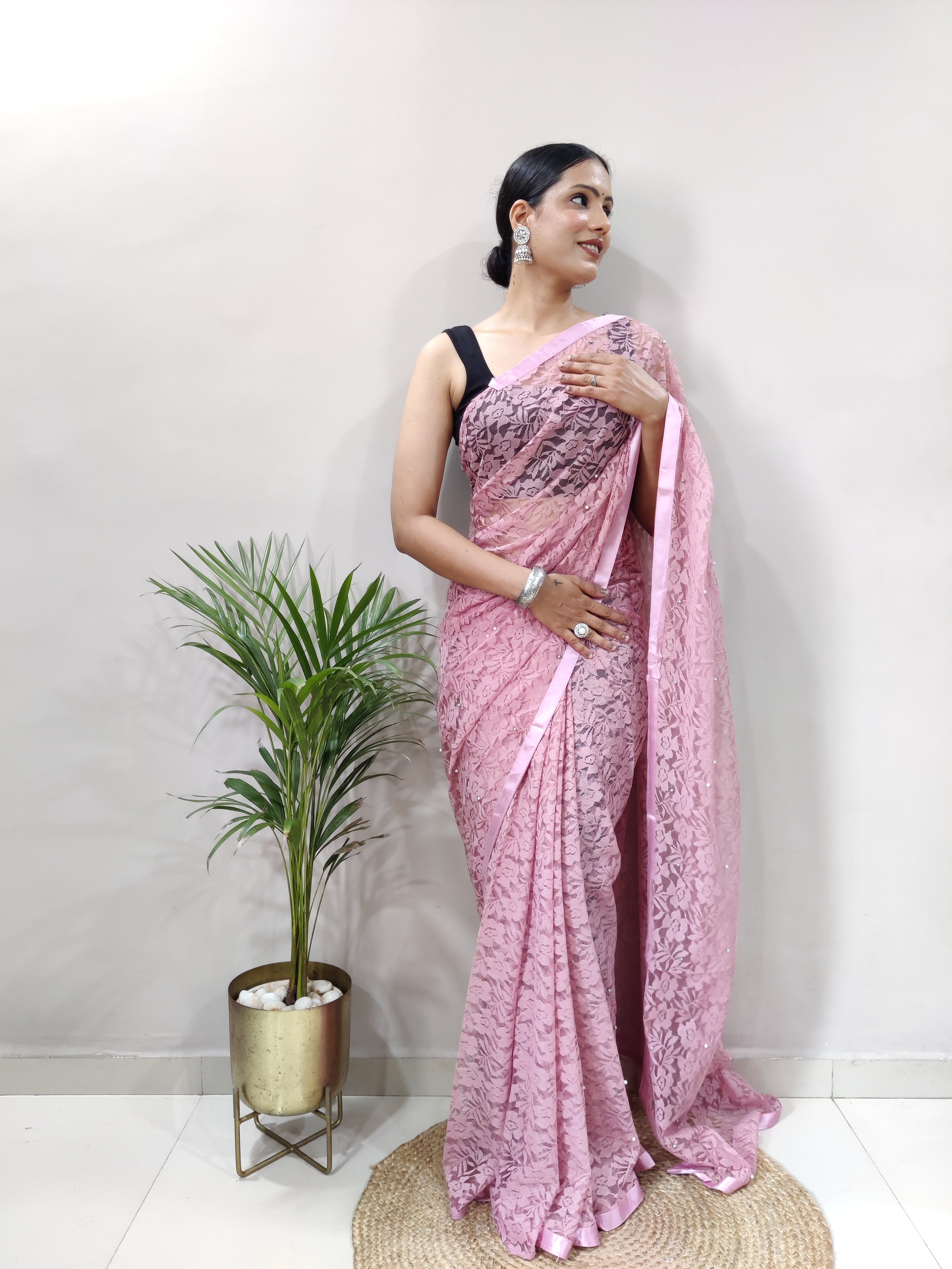 New Fancy Net Braso Light Pink Saree With Unstiched Blouse