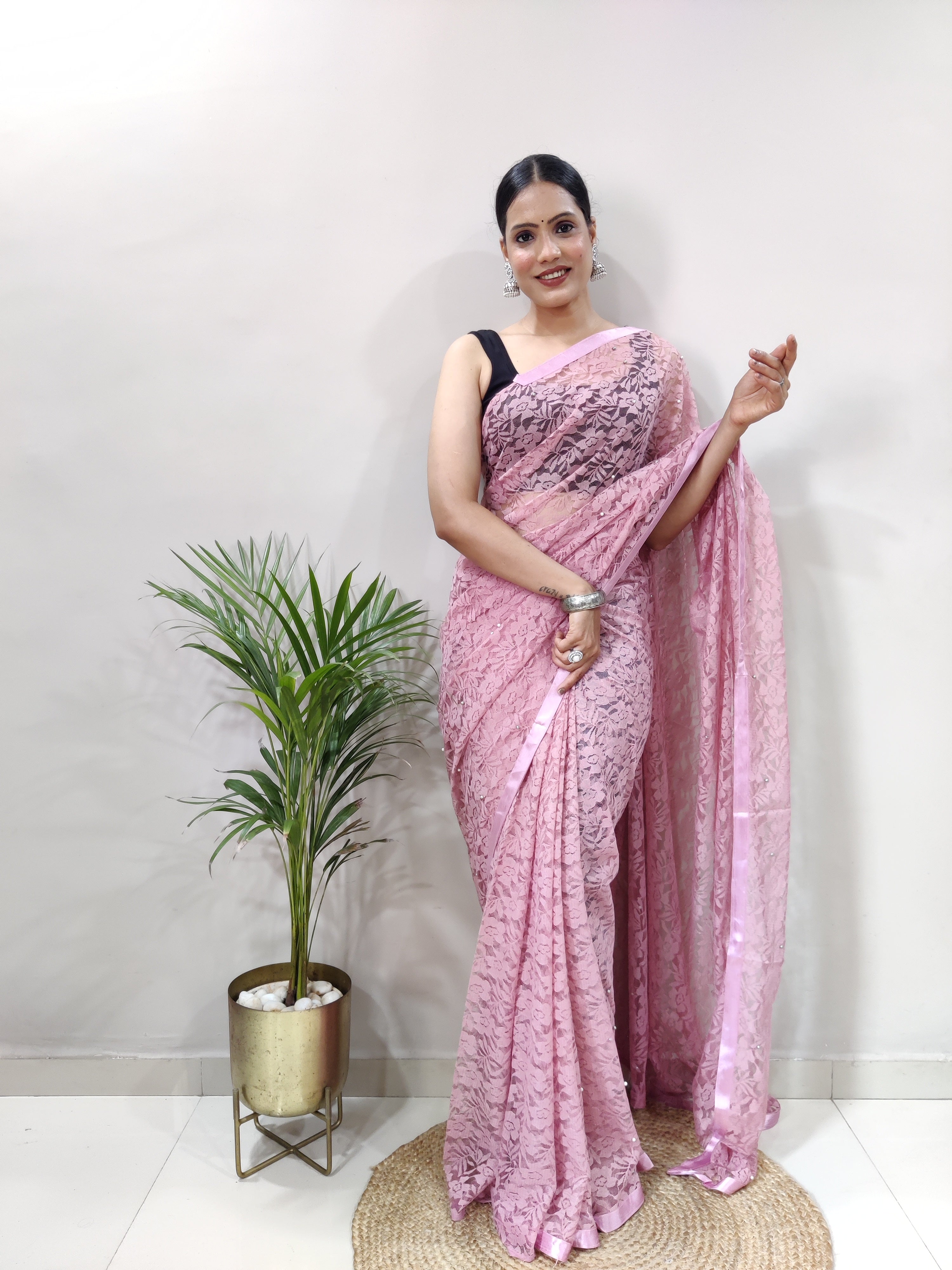 Fancy Brasso Floral Oriental Pink Saree Divashree