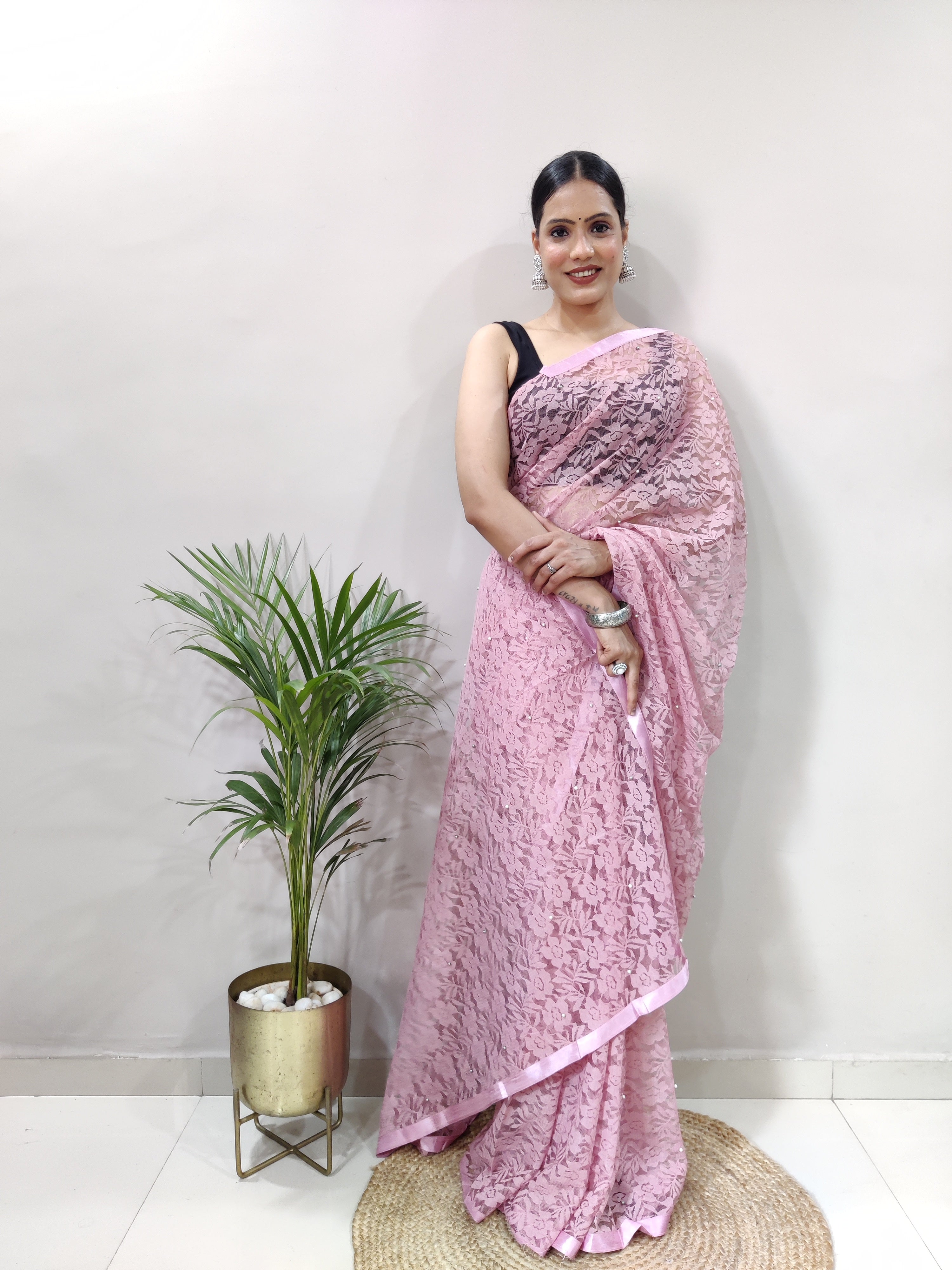 Fancy Brasso Floral Oriental Pink Saree Divashree