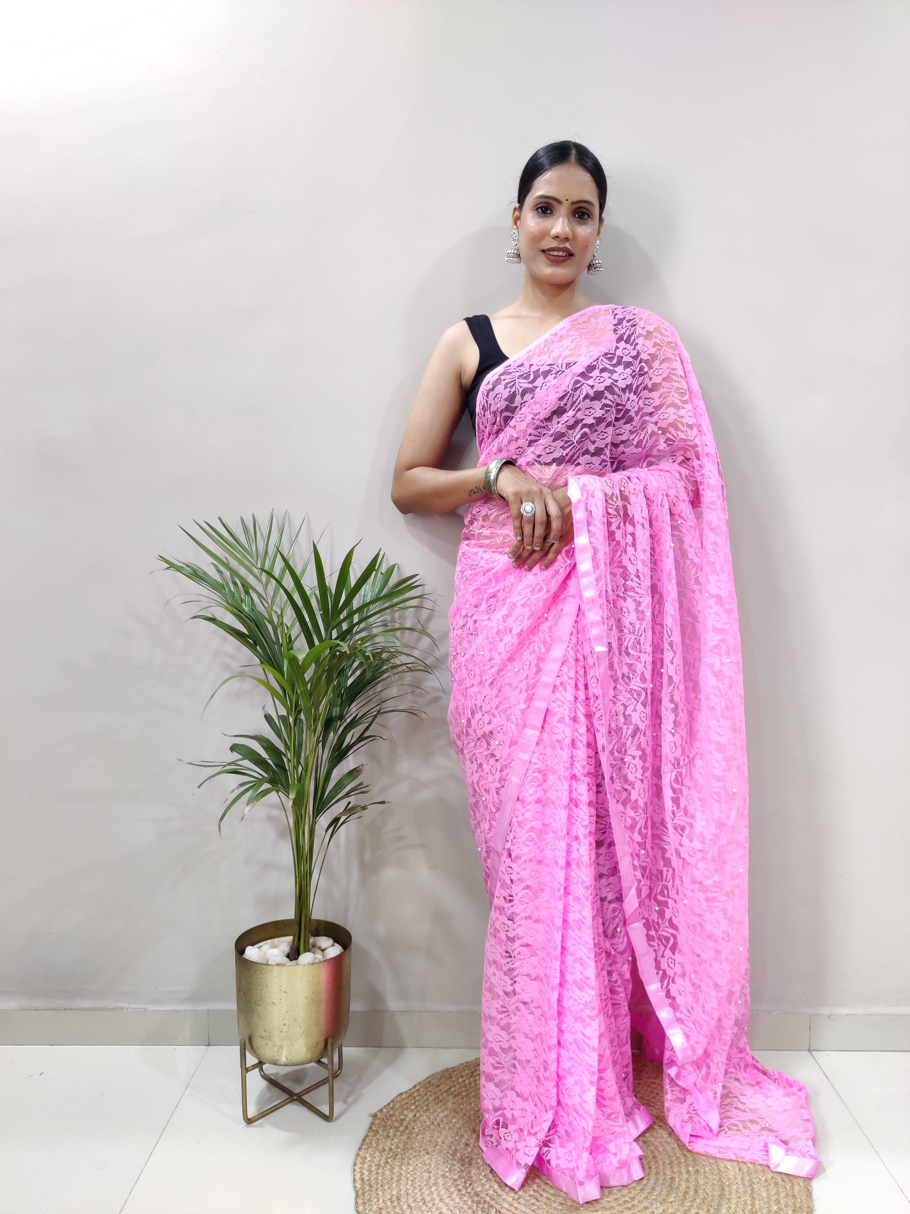 New Fancy Net Braso Baby Pink Saree With Unstiched Blouse