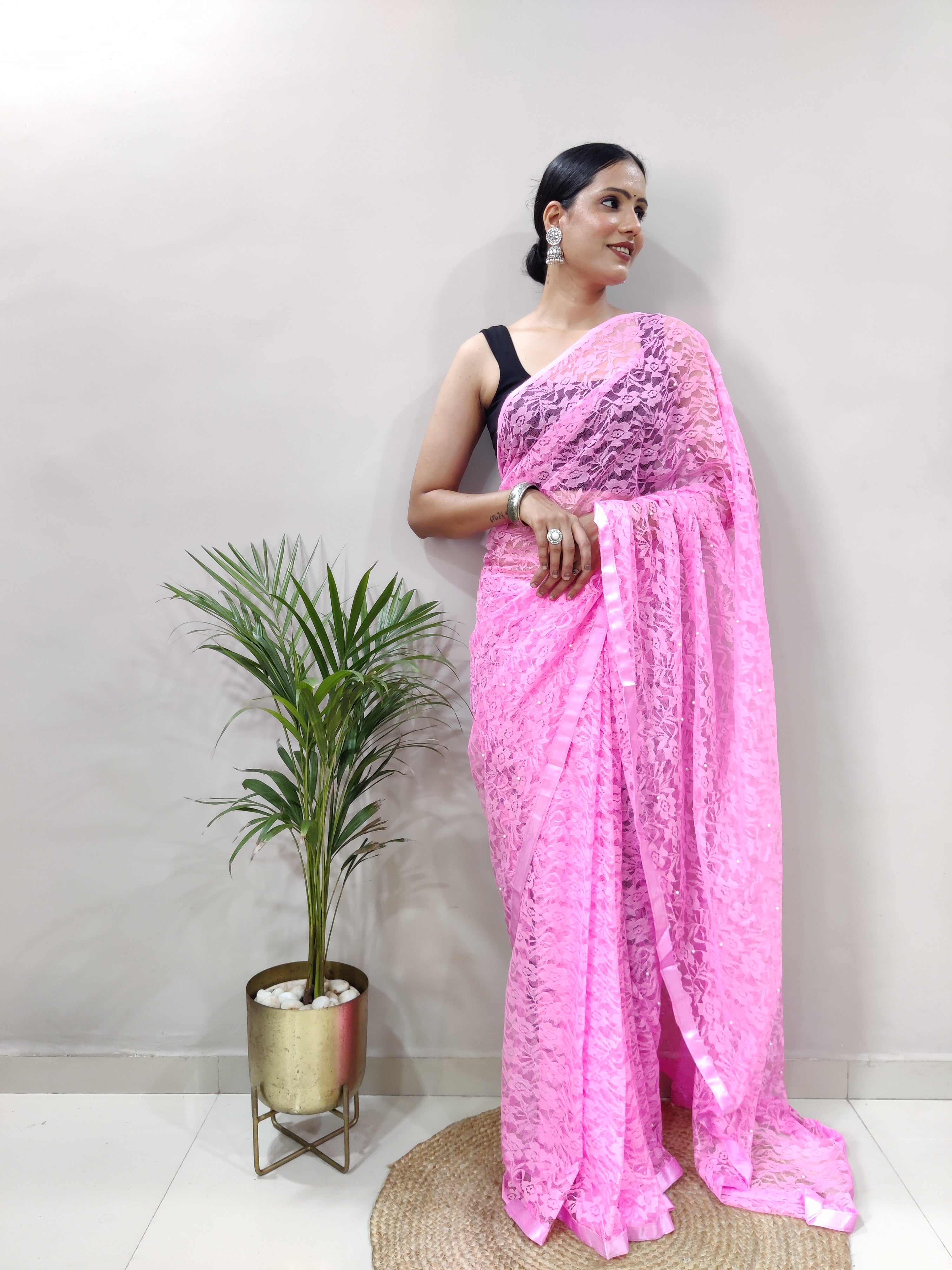 Fancy Brasso Floral Lavander Pink Saree Divashree