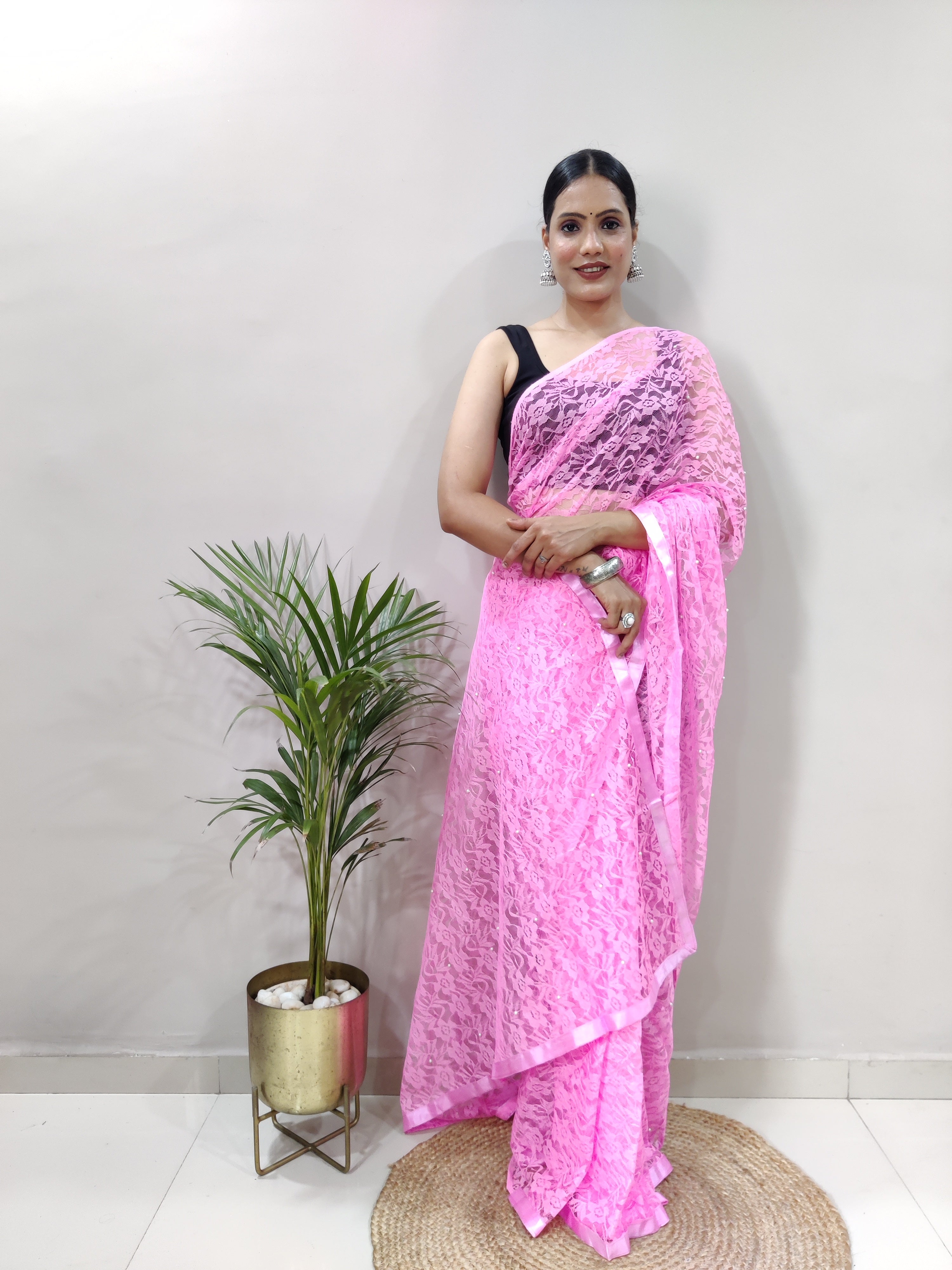 New Fancy Net Braso Baby Pink Saree With Unstiched Blouse