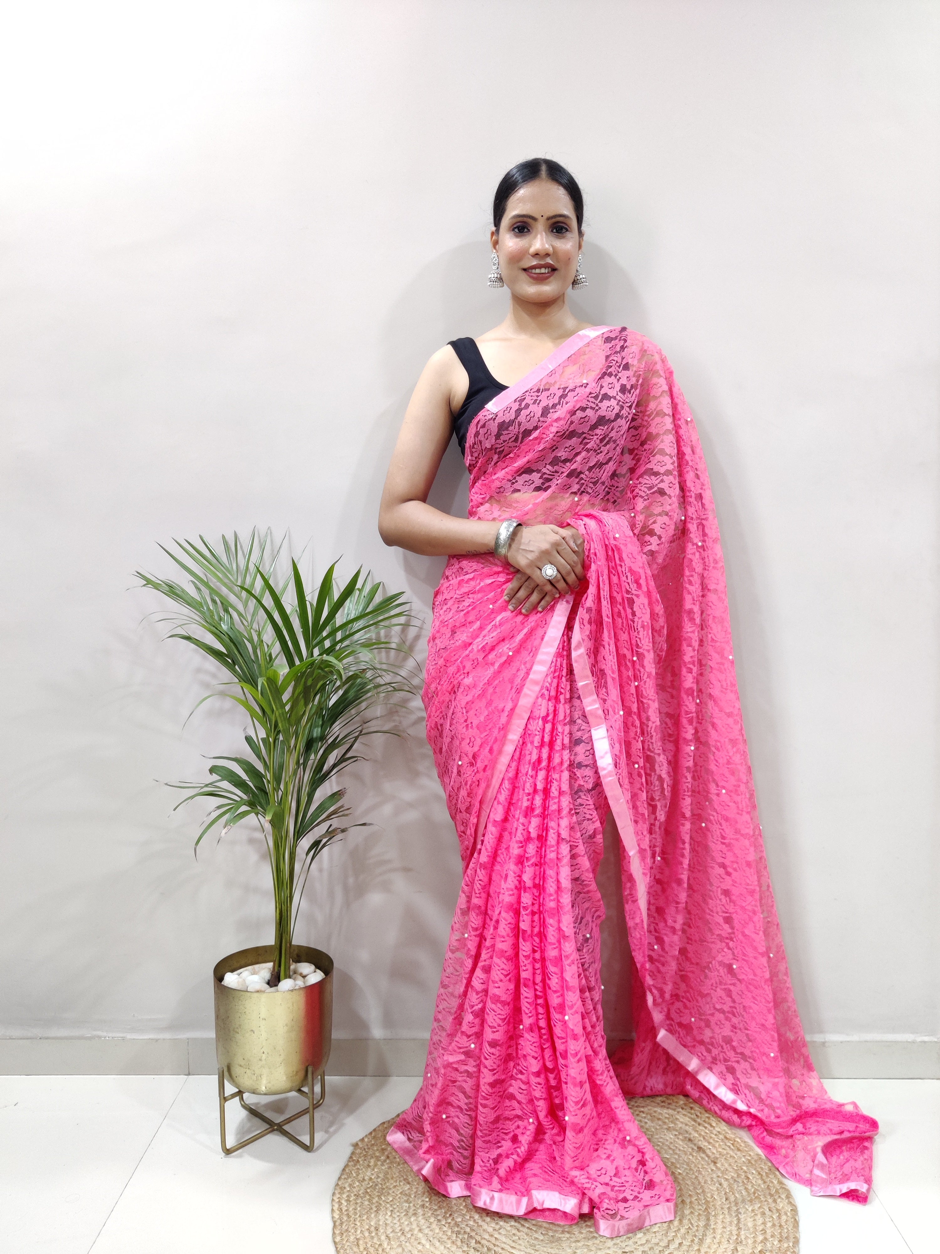 Fancy Brasso Floral Hot Pink Saree Divashree