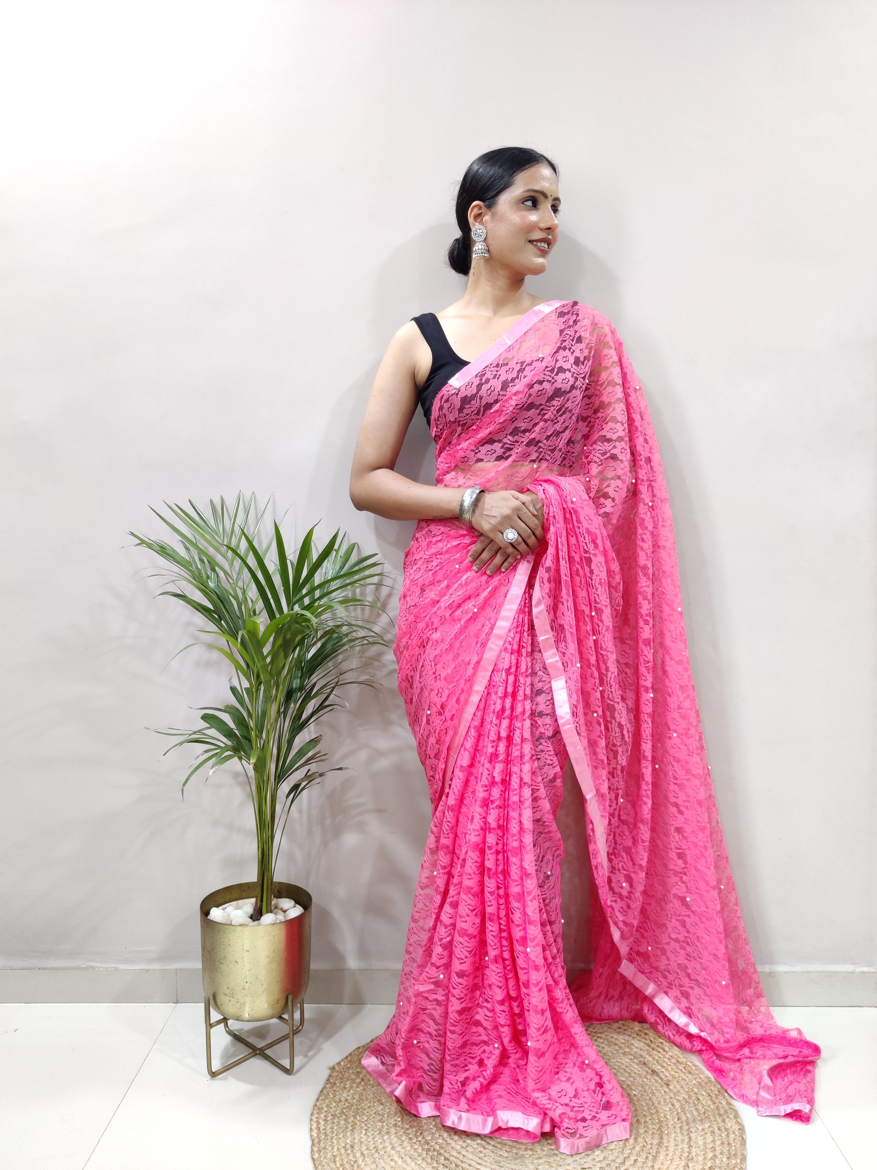 Fancy Brasso Floral Hot Pink Saree Divashree