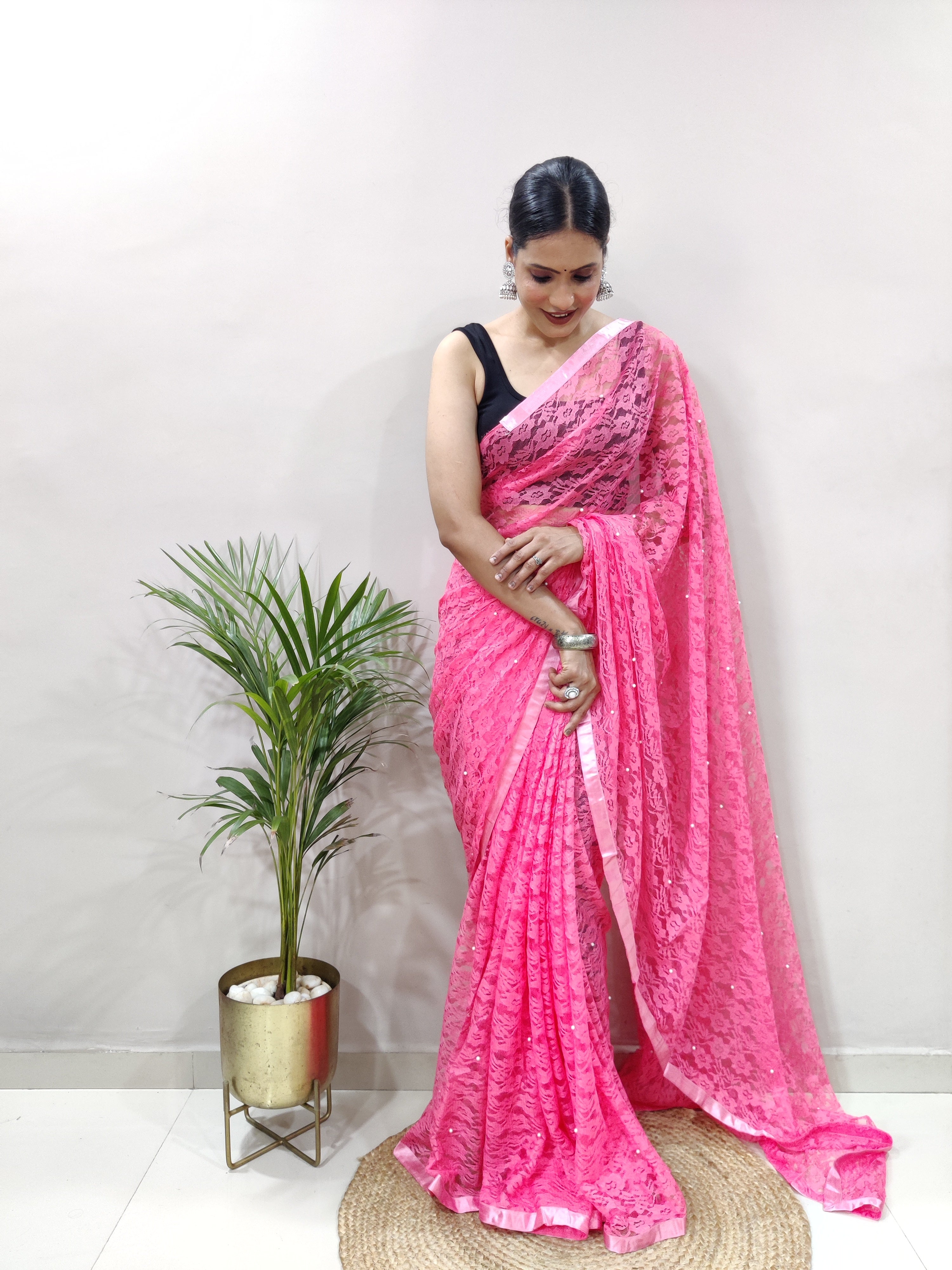 Fancy Brasso Floral Hot Pink Saree Divashree