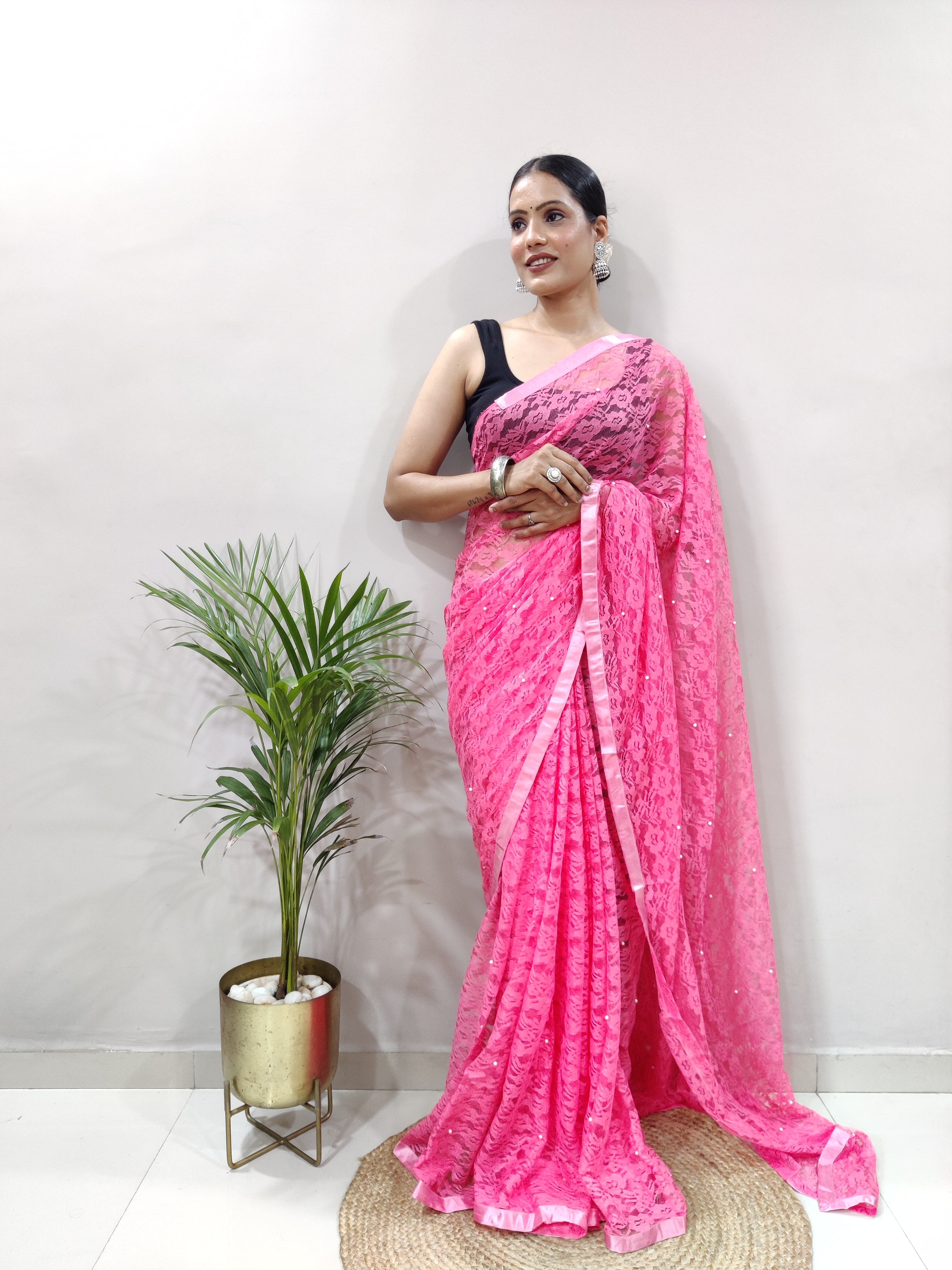 Fancy Brasso Floral Hot Pink Saree Divashree