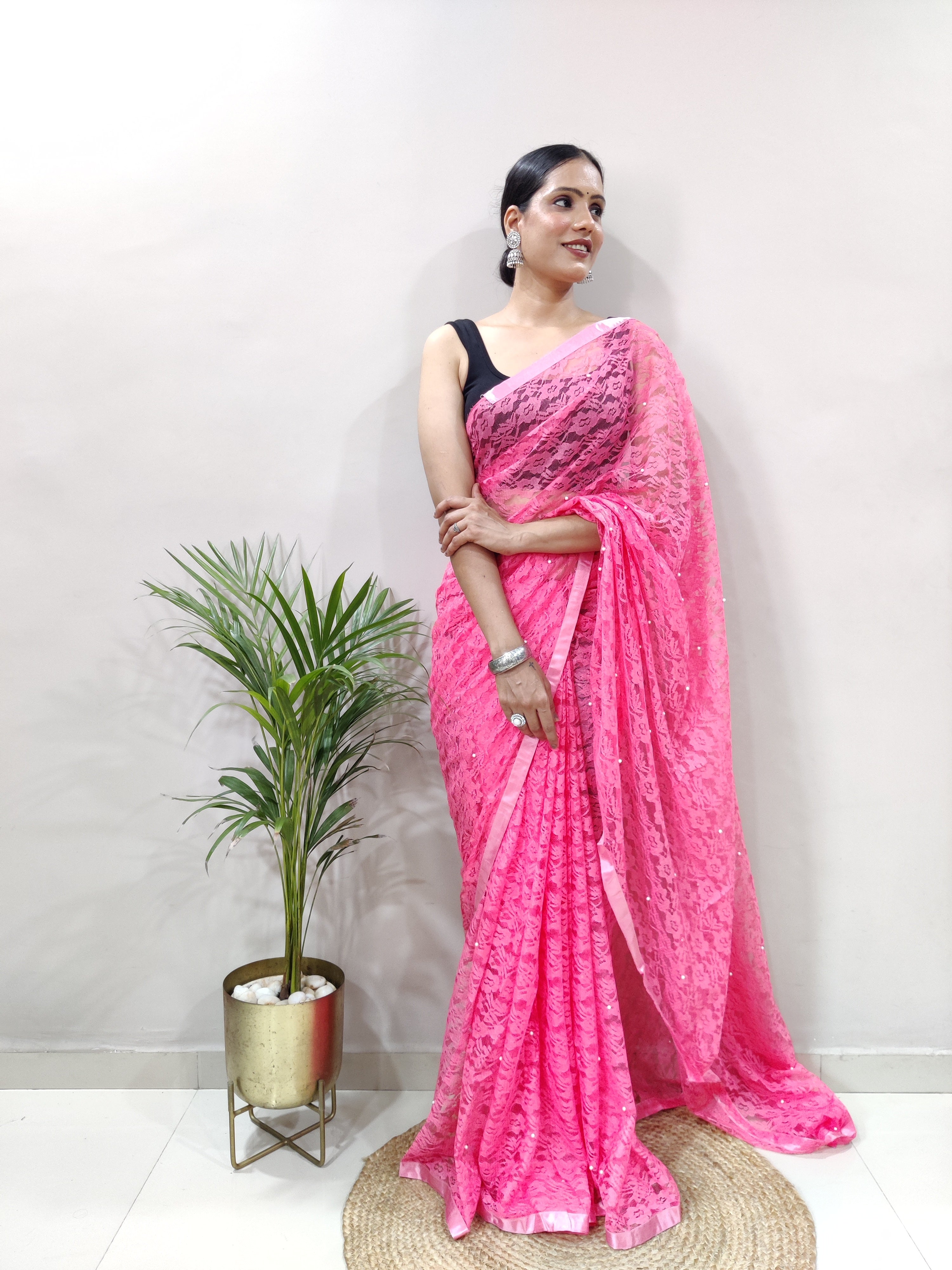 Fancy Brasso Floral Hot Pink Saree Divashree