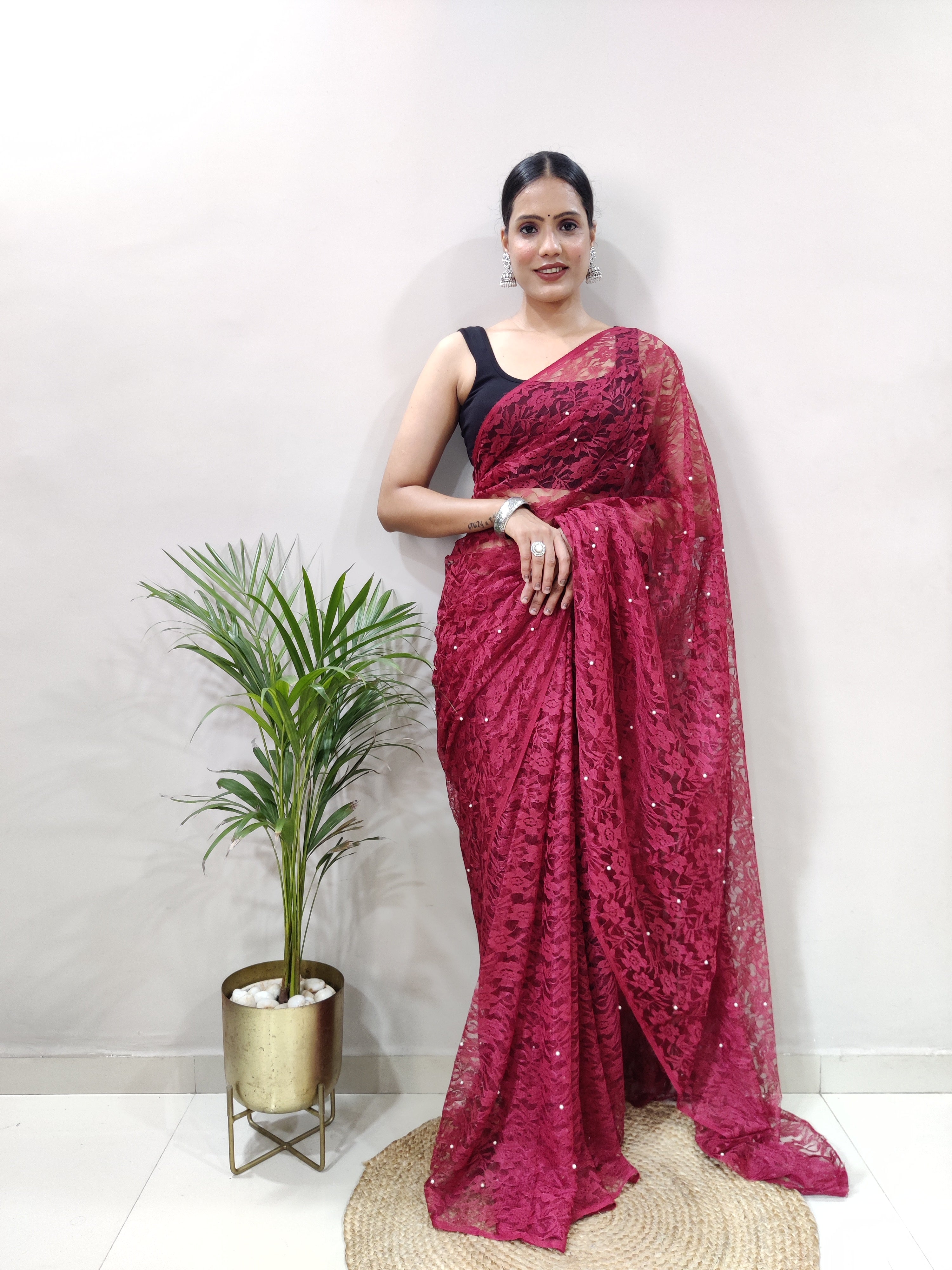 Fancy Brasso Floral Dark Rose Saree Divashree