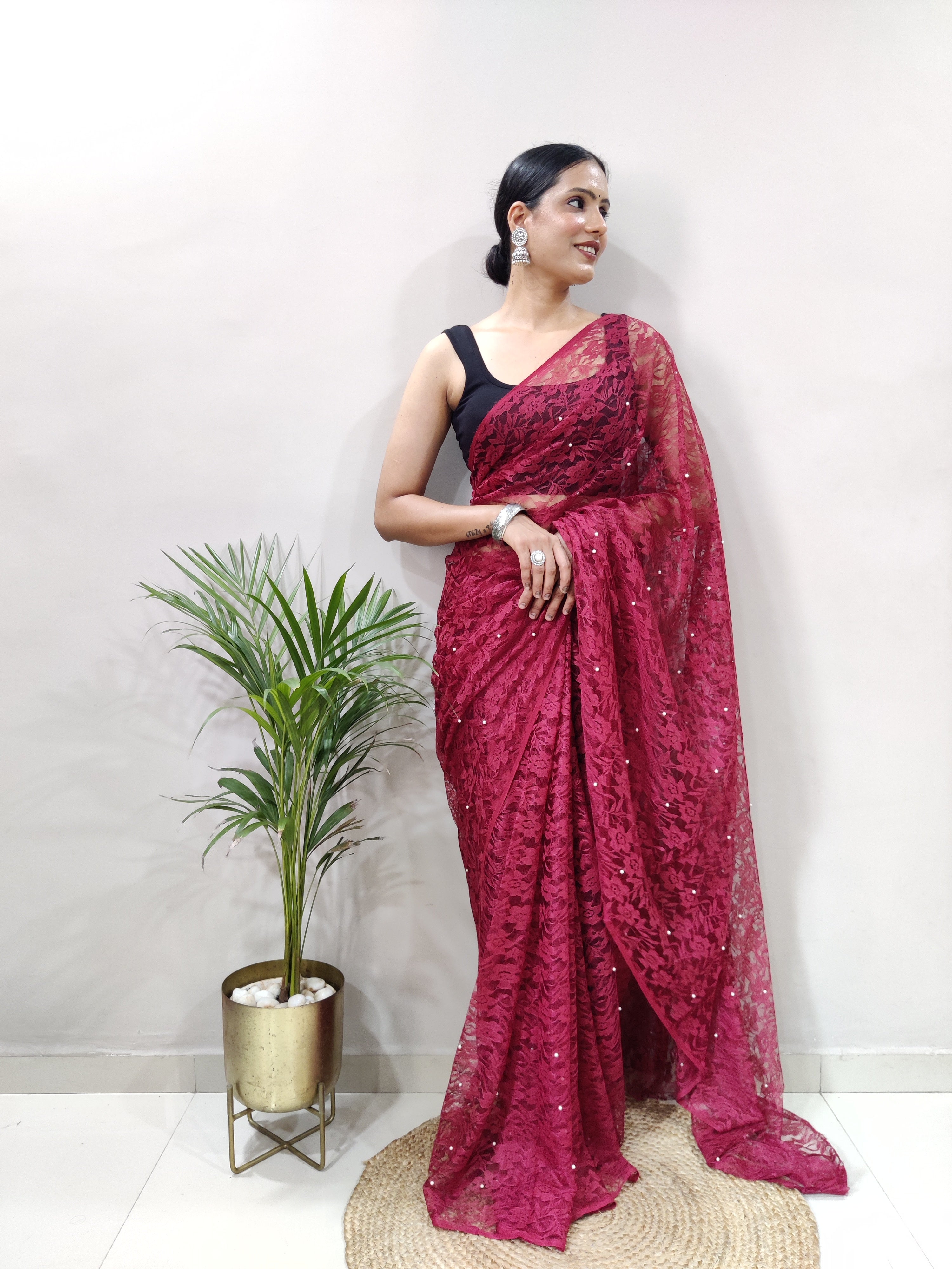 Fancy Brasso Floral Dark Rose Saree Divashree