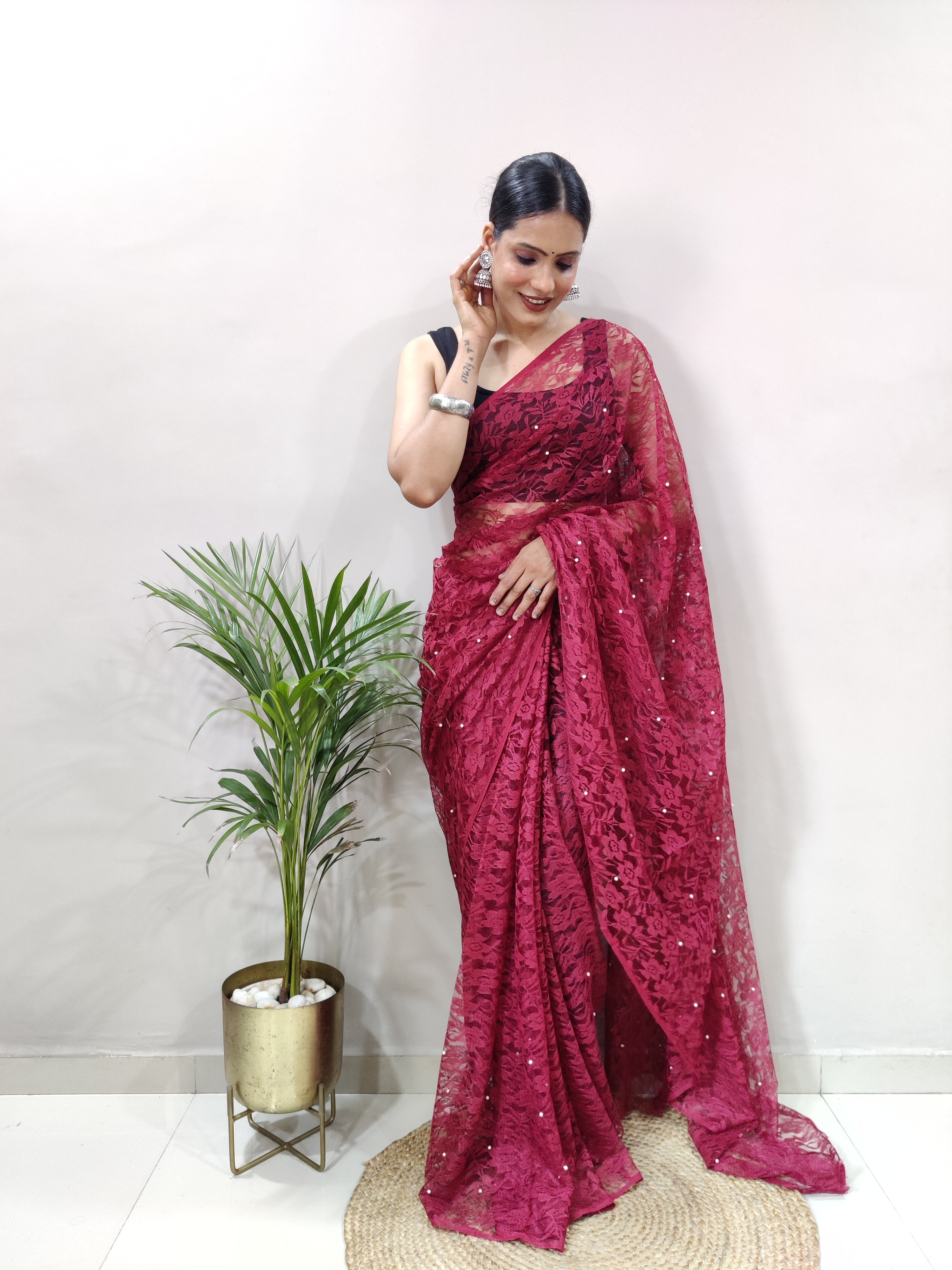 Fancy Brasso Floral Dark Rose Saree Divashree