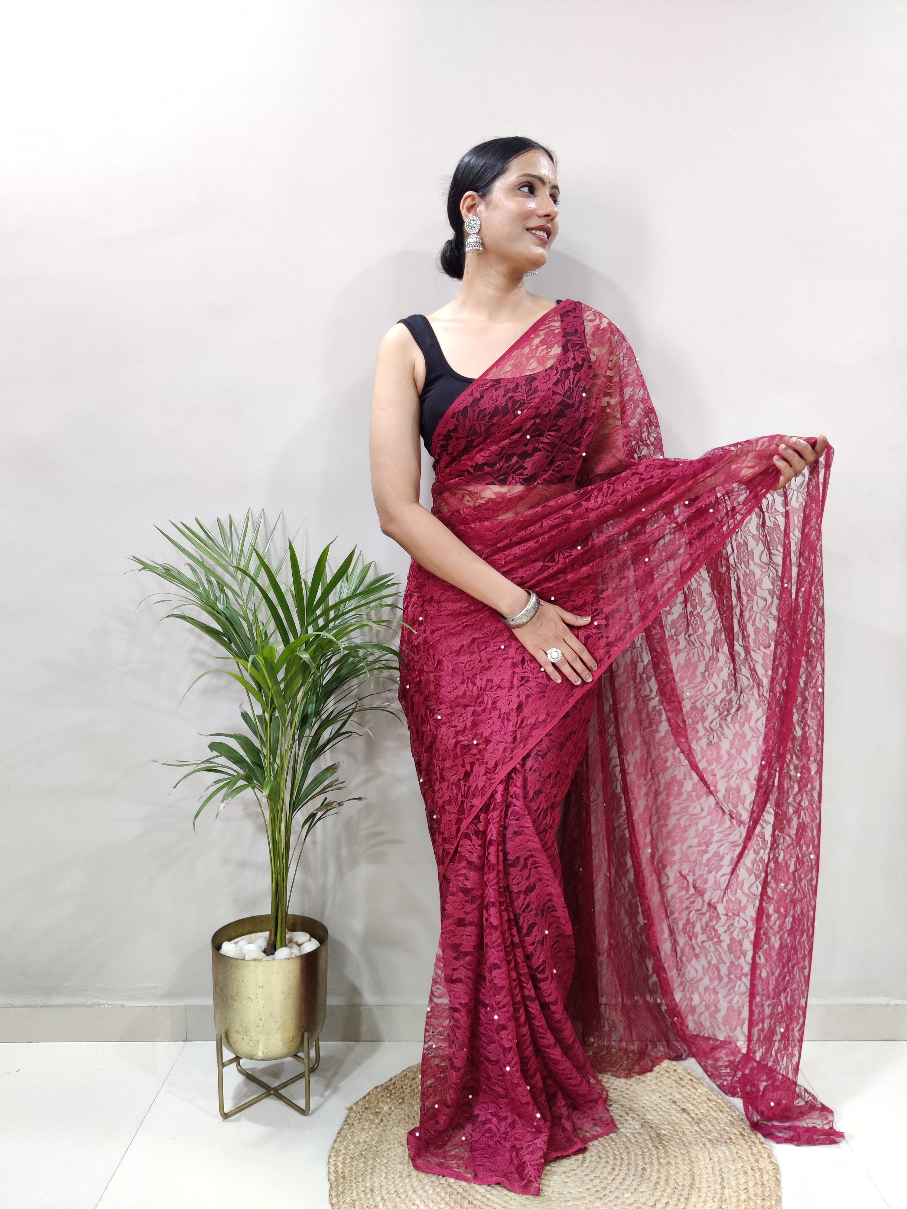 Fancy Brasso Floral Dark Rose Saree Divashree