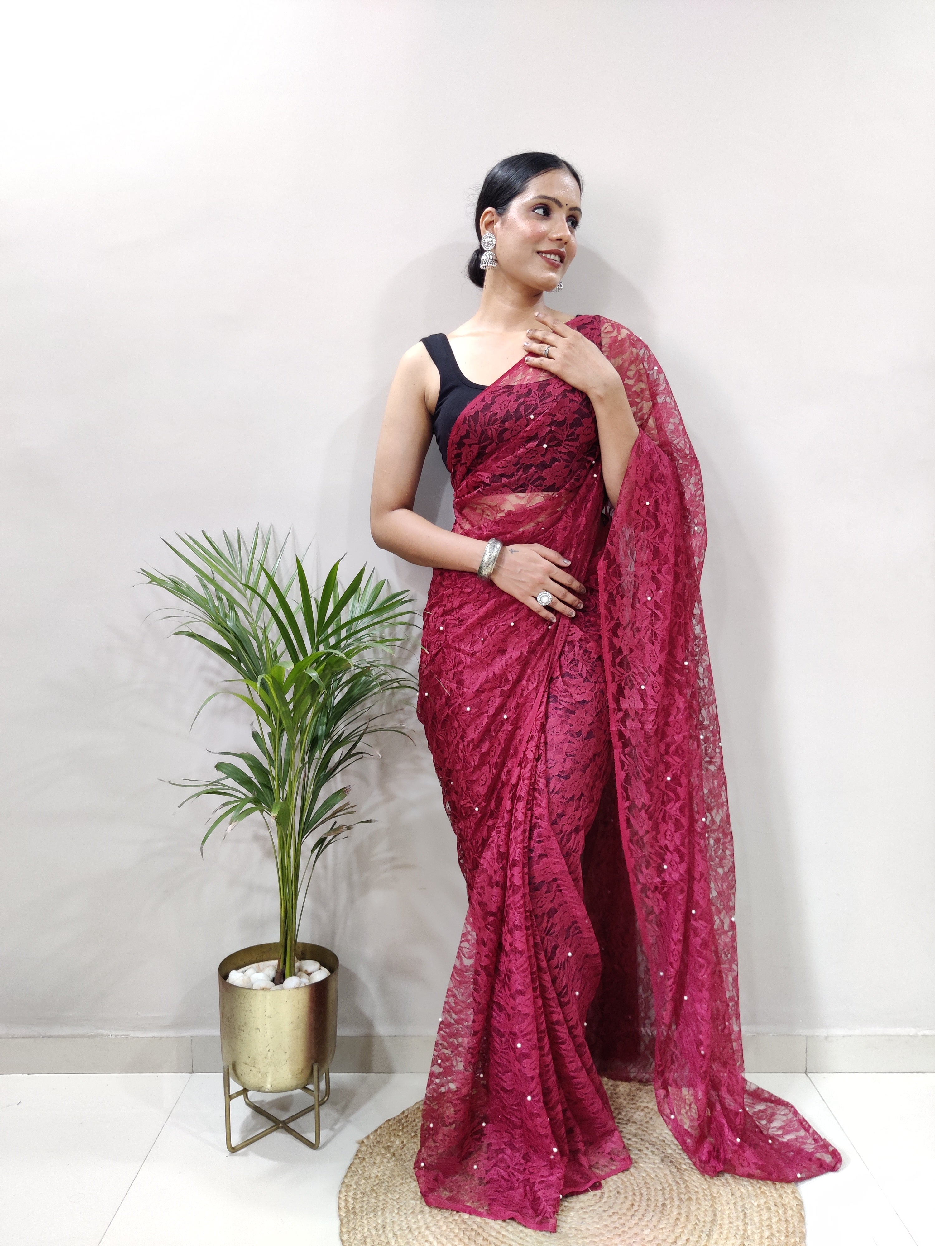 Fancy Brasso Floral Dark Rose Saree Divashree