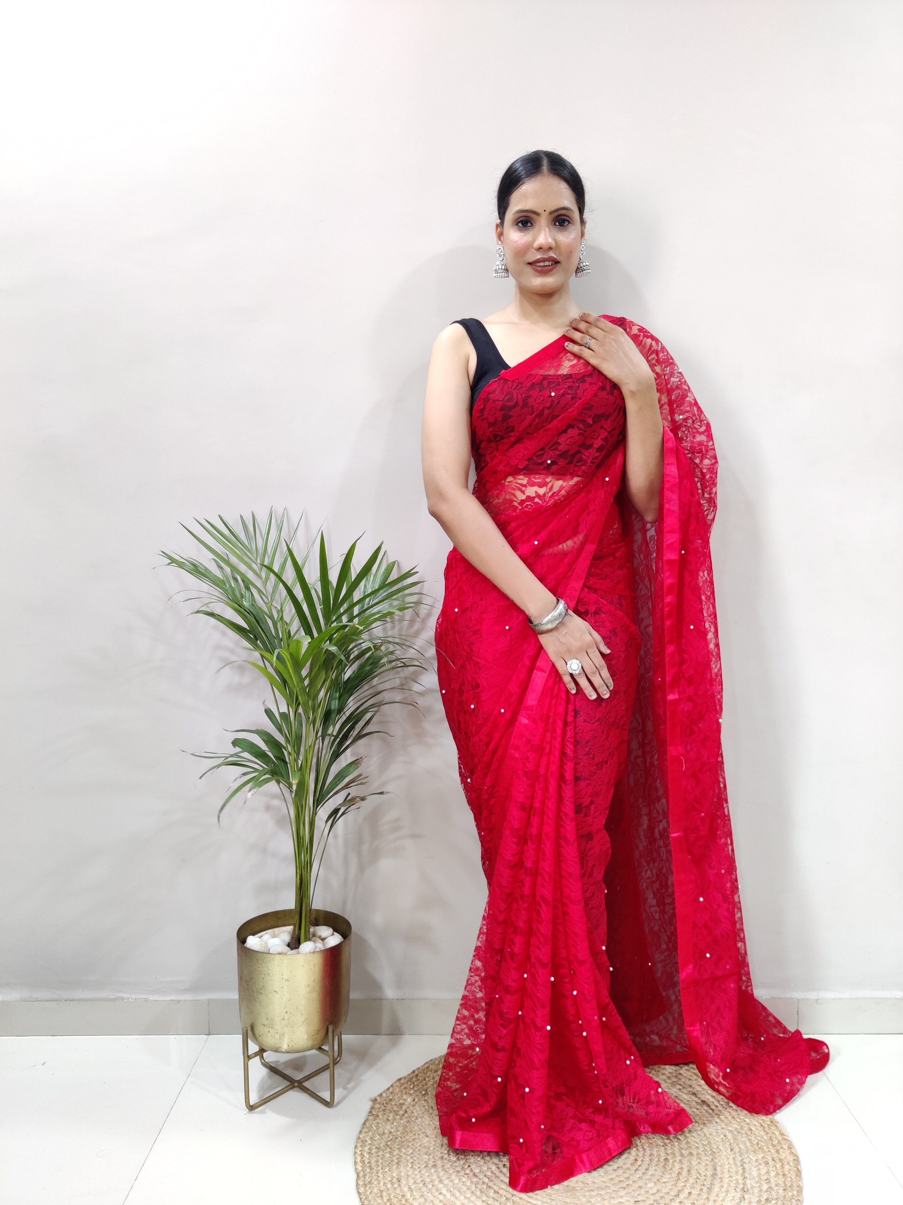 Fancy Brasso Red Saree Divashree