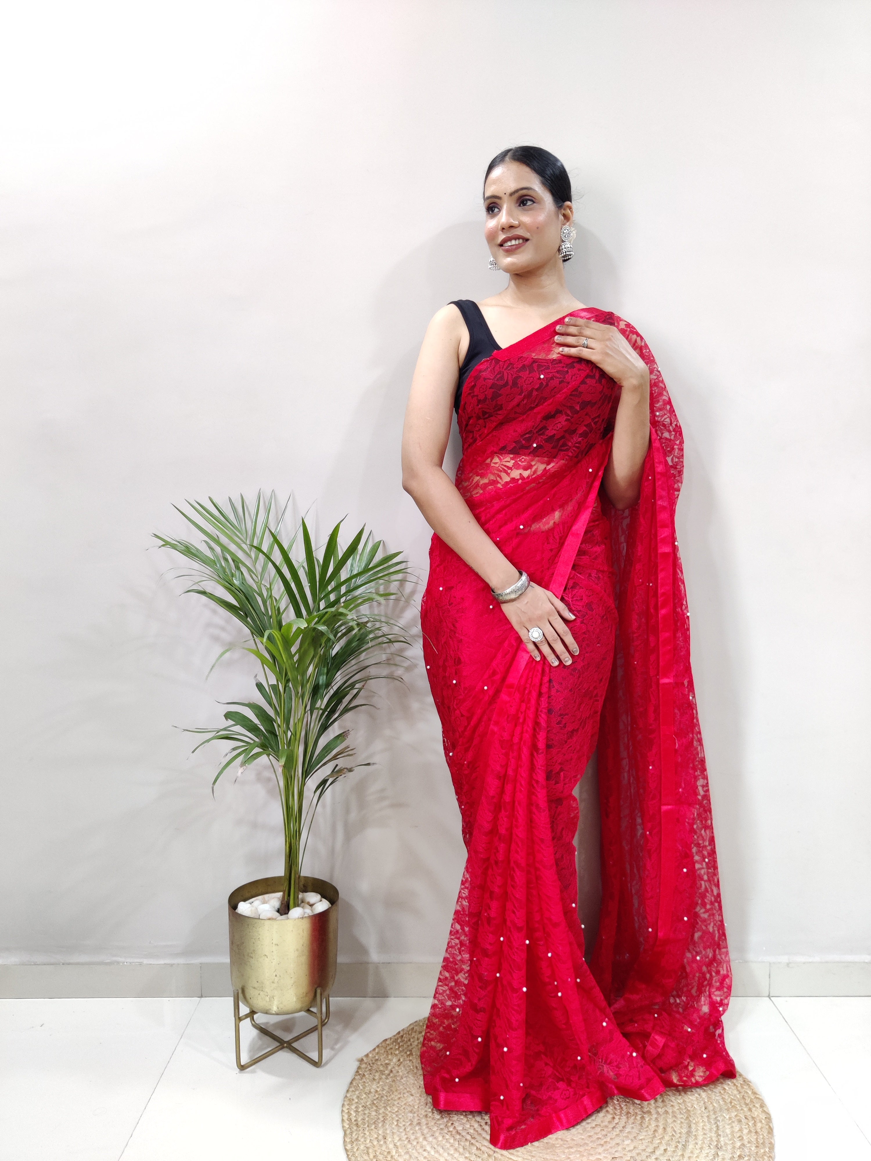 Fancy Brasso Red Saree Divashree