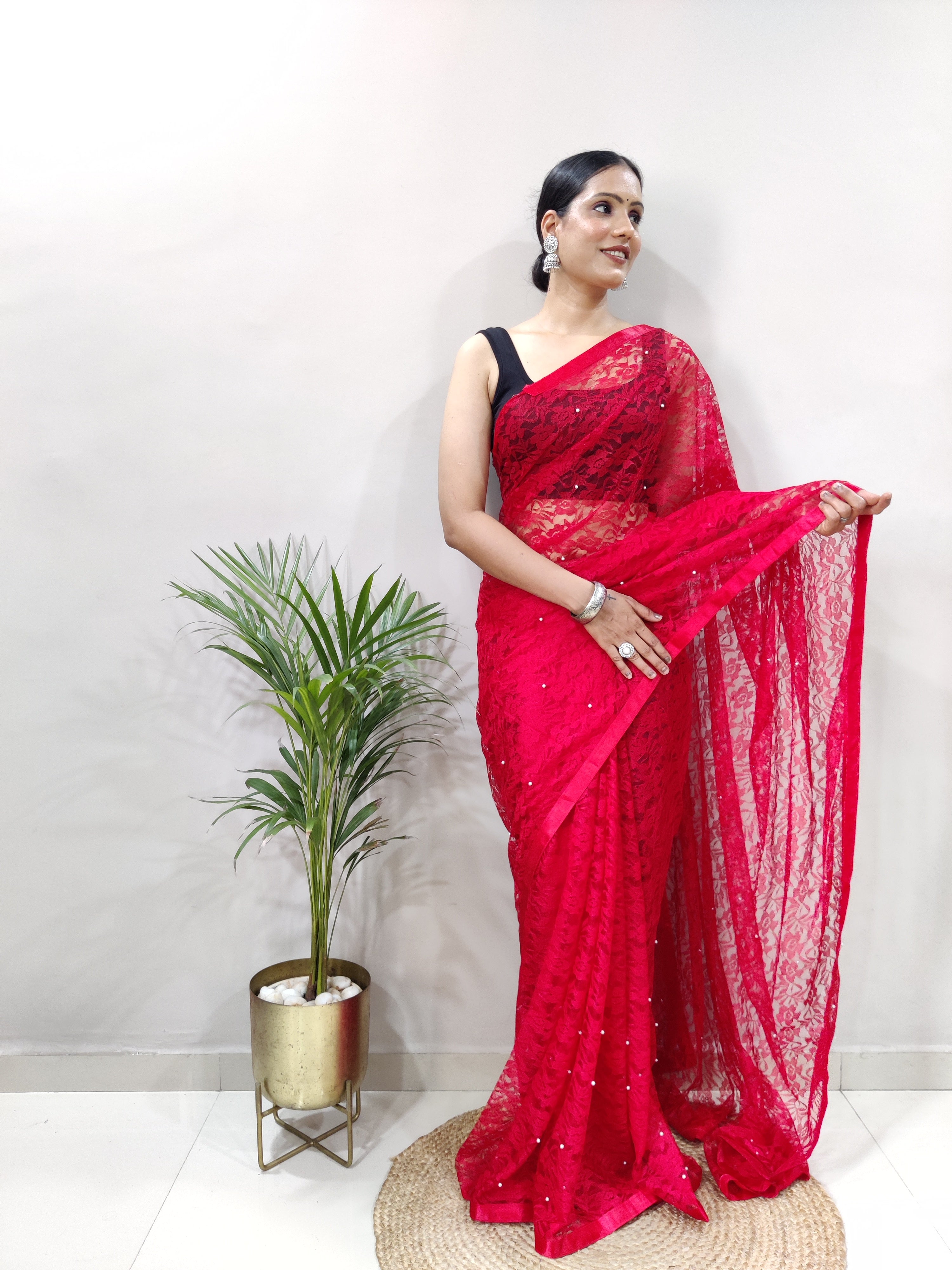 Fancy Brasso Red Saree Divashree