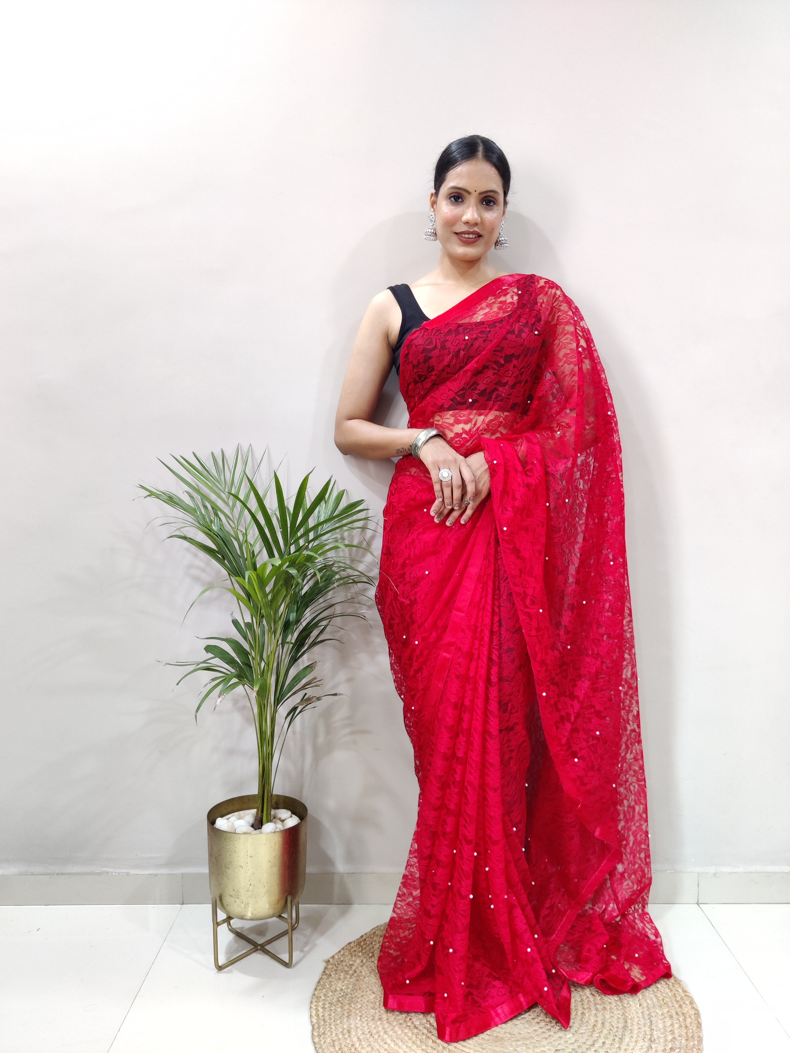 Fancy Brasso Red Saree Divashree