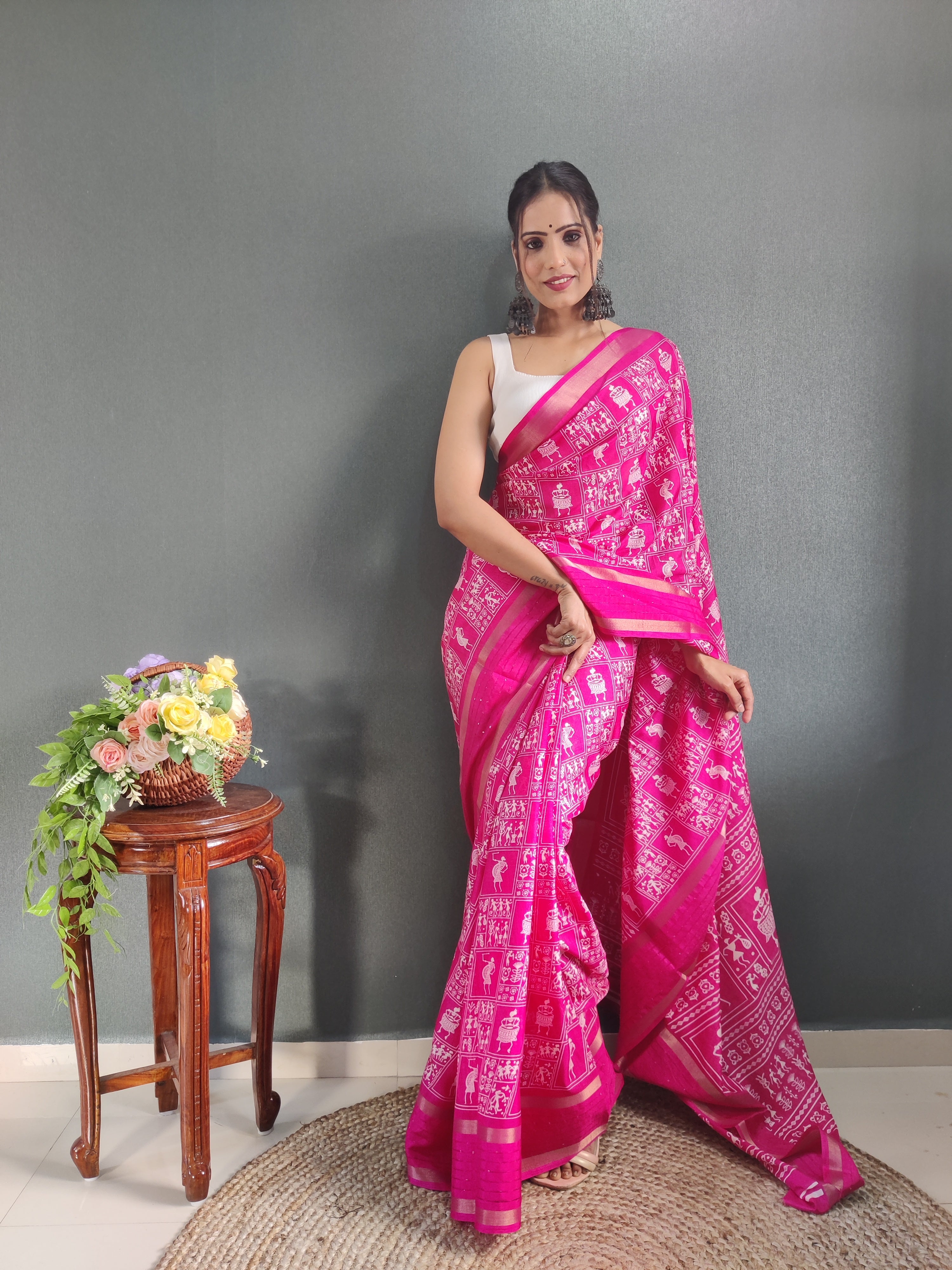 Fancy Dola Silk Jaipuri Print Rani Pink Saree Divashree