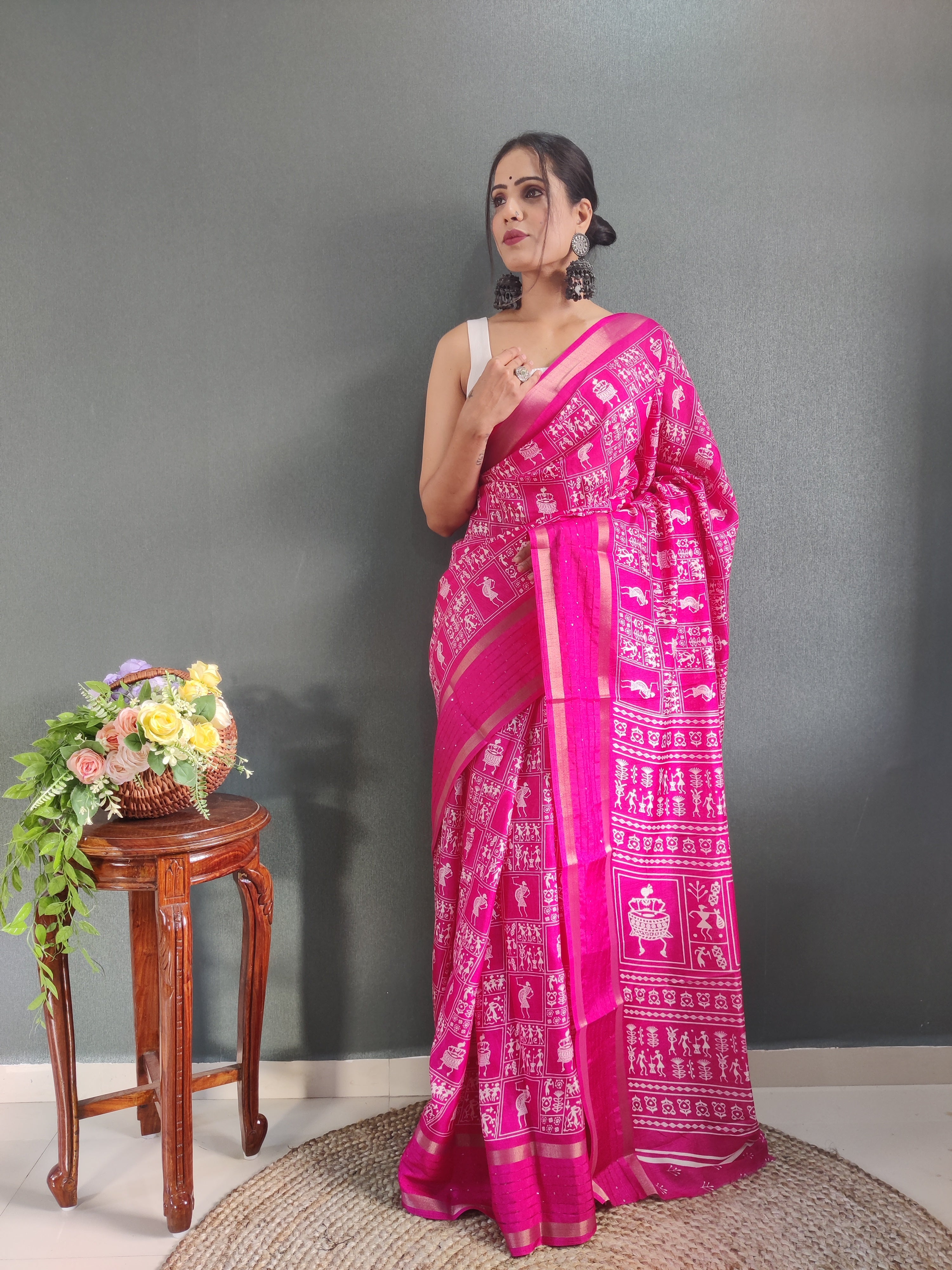 Fancy Dola Silk Jaipuri Print Rani Pink Saree Divashree