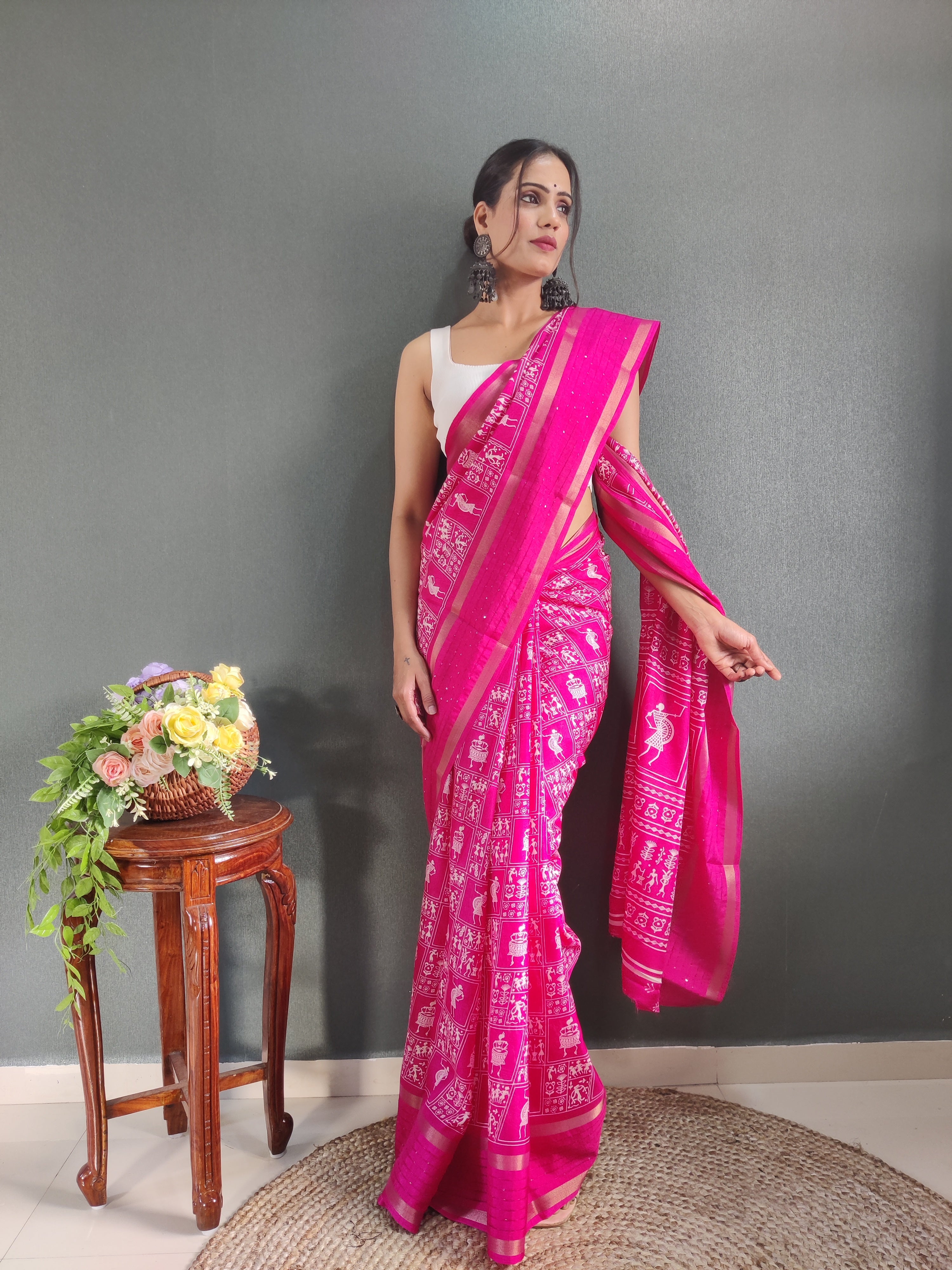 Fancy Dola Silk Jaipuri Print Rani Pink Saree Divashree