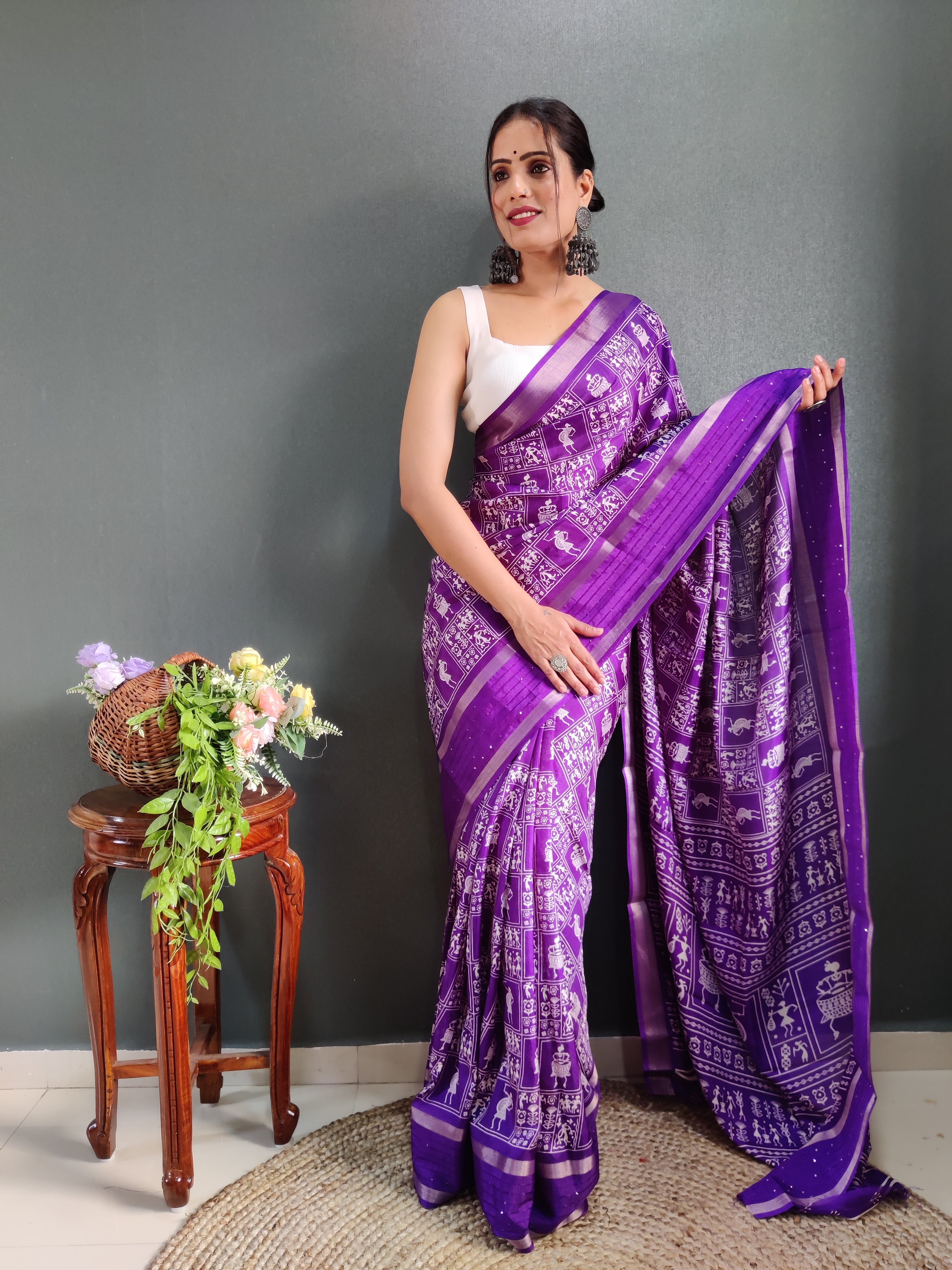 Fancy Dola Silk Jaipuri Print Rajwadi Purple Saree Divashree