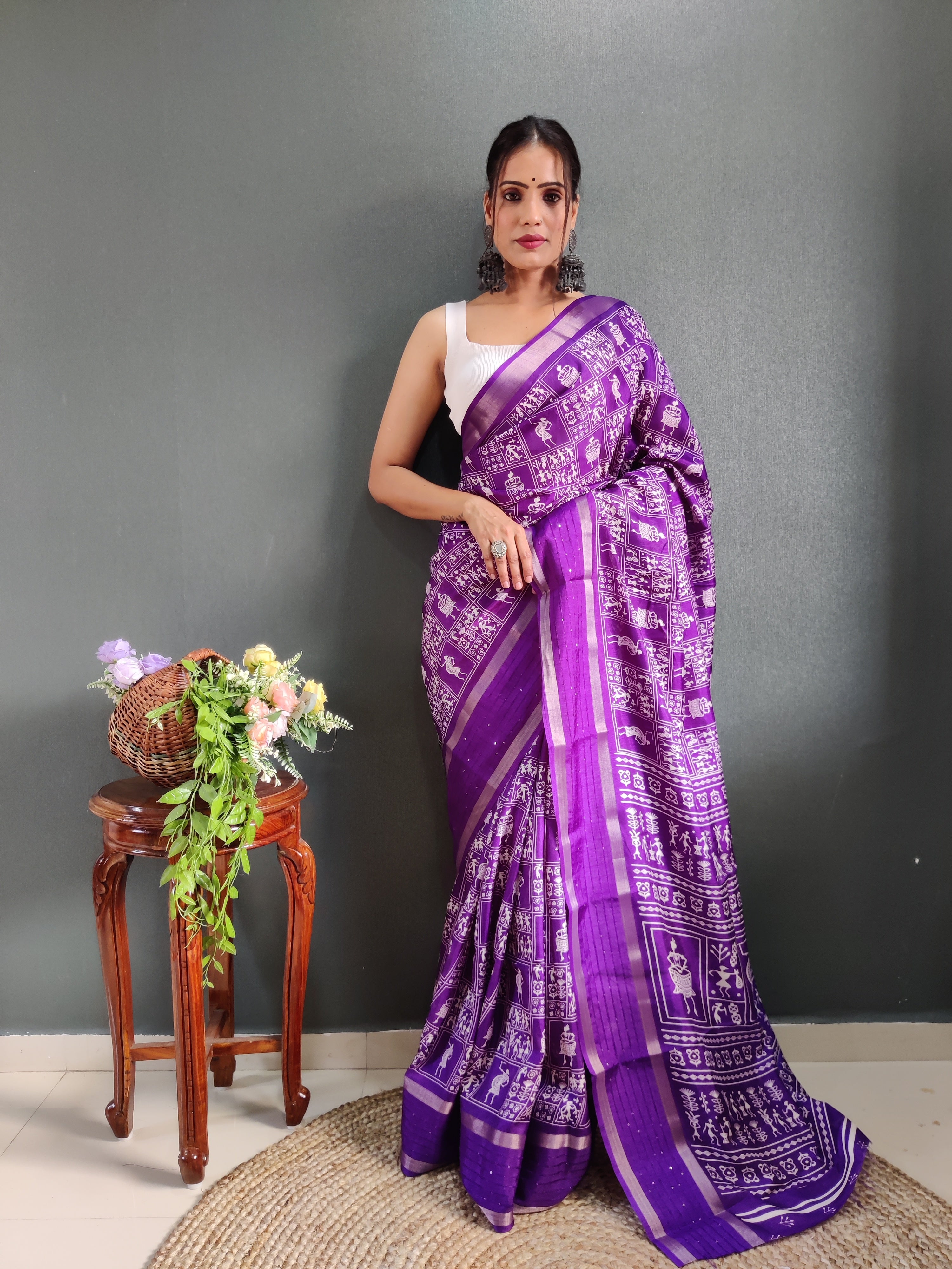 Fancy Dola Silk Jaipuri Print Rajwadi Purple Saree Divashree