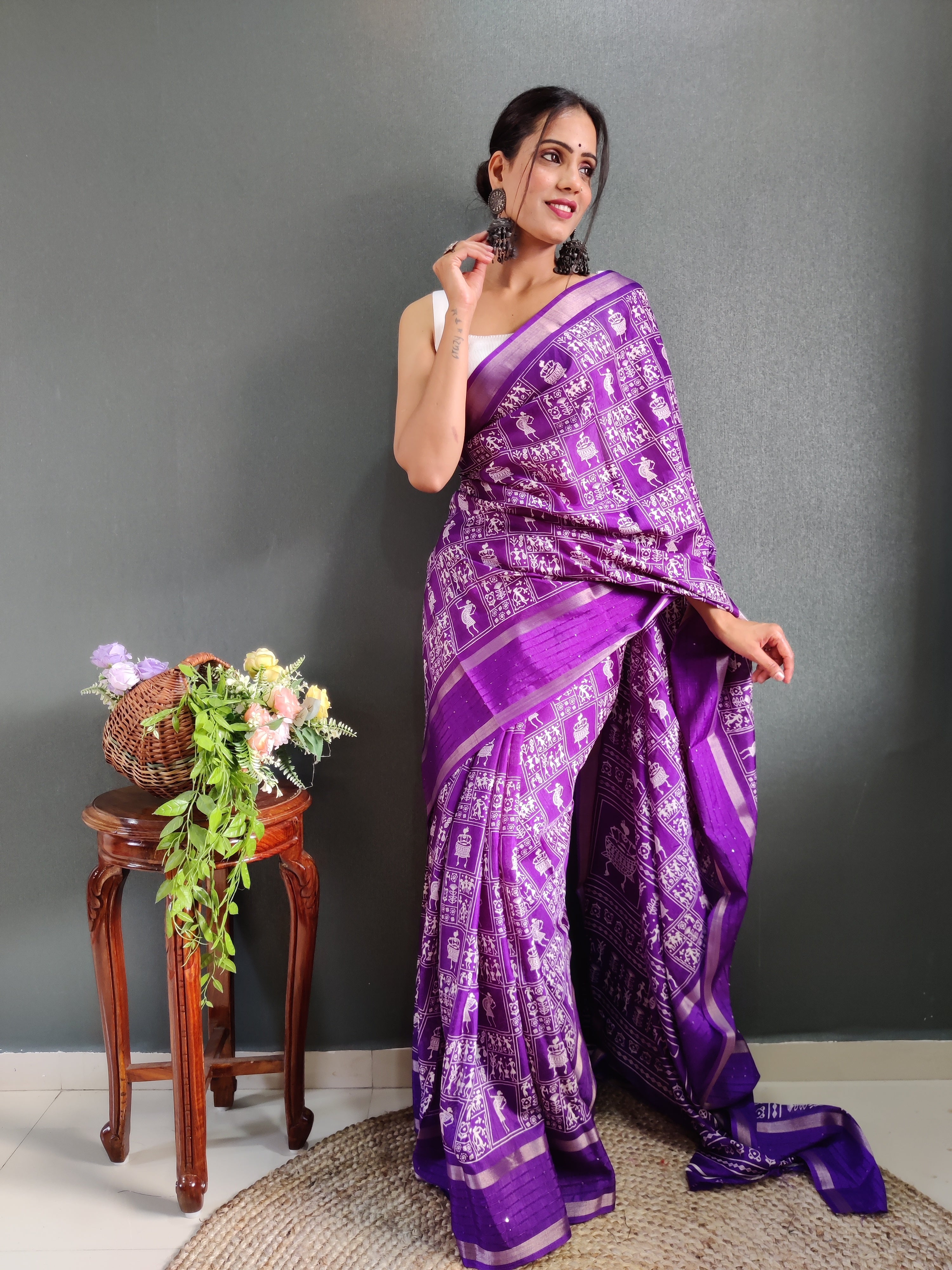 Fancy Dola Silk Jaipuri Print Rajwadi Purple Saree Divashree