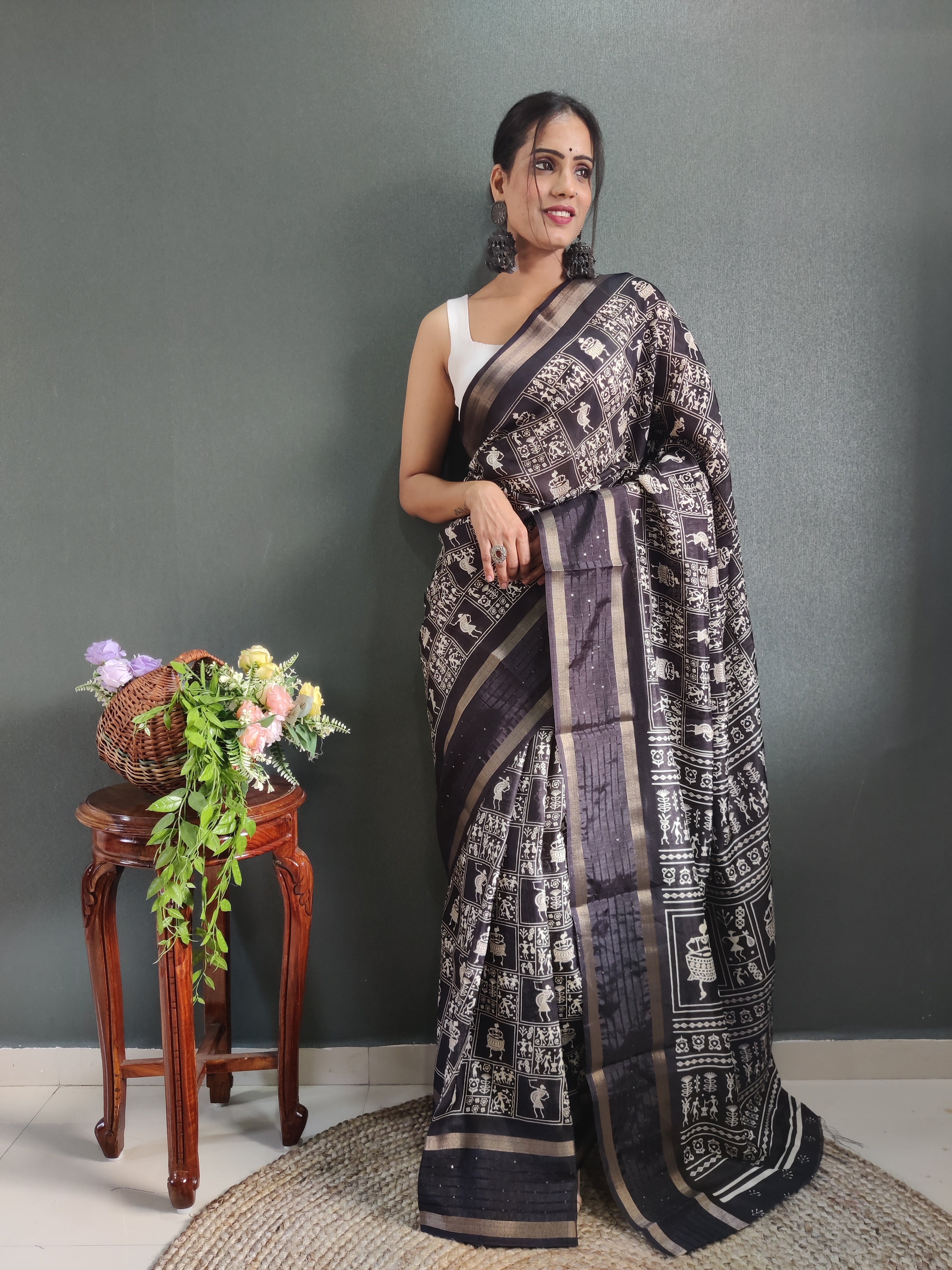 Fancy Dola Silk Jaipuri Print Carbon Black Saree Divashree