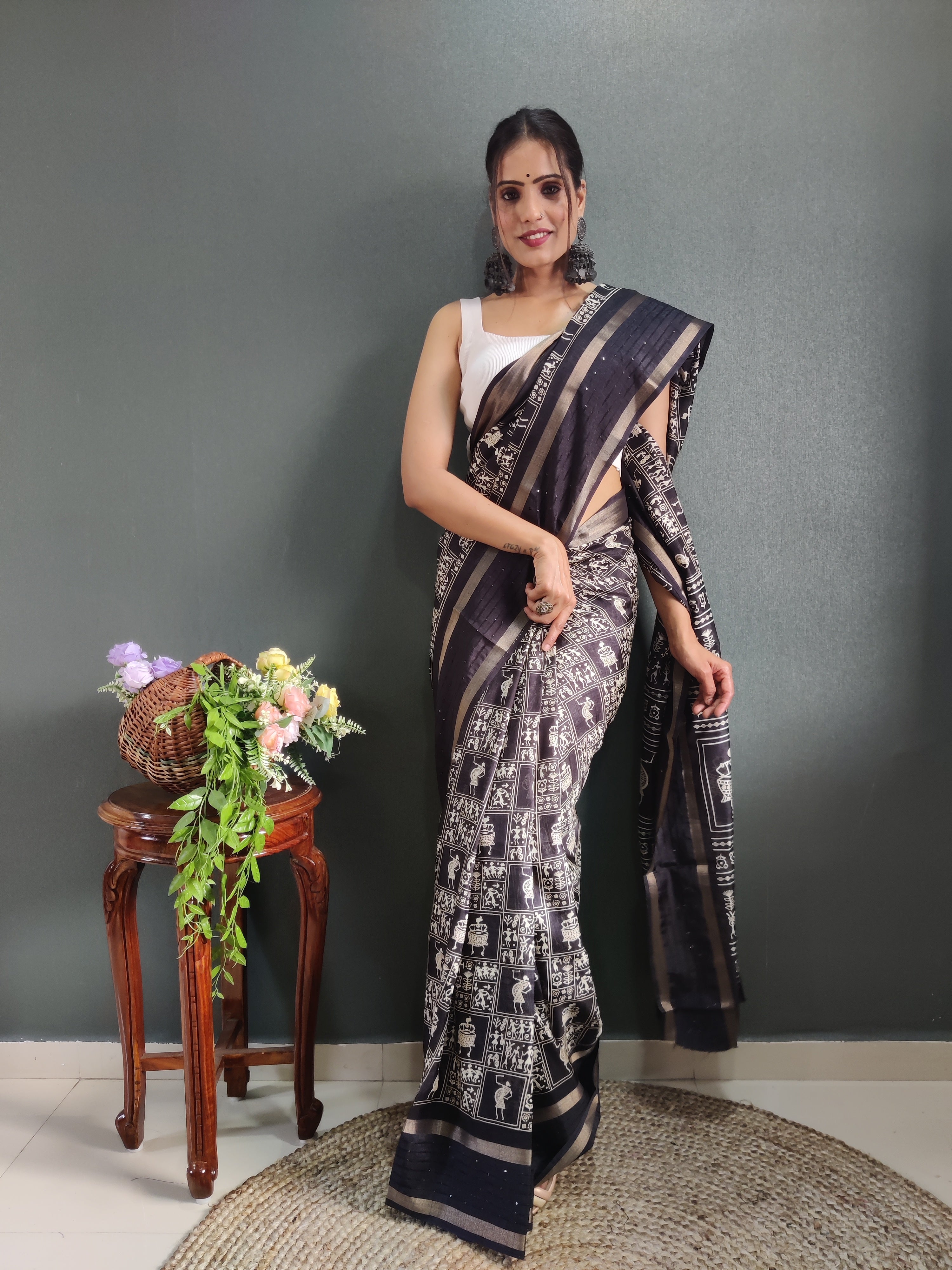 Fancy Dola Silk Jaipuri Print Carbon Black Saree Divashree