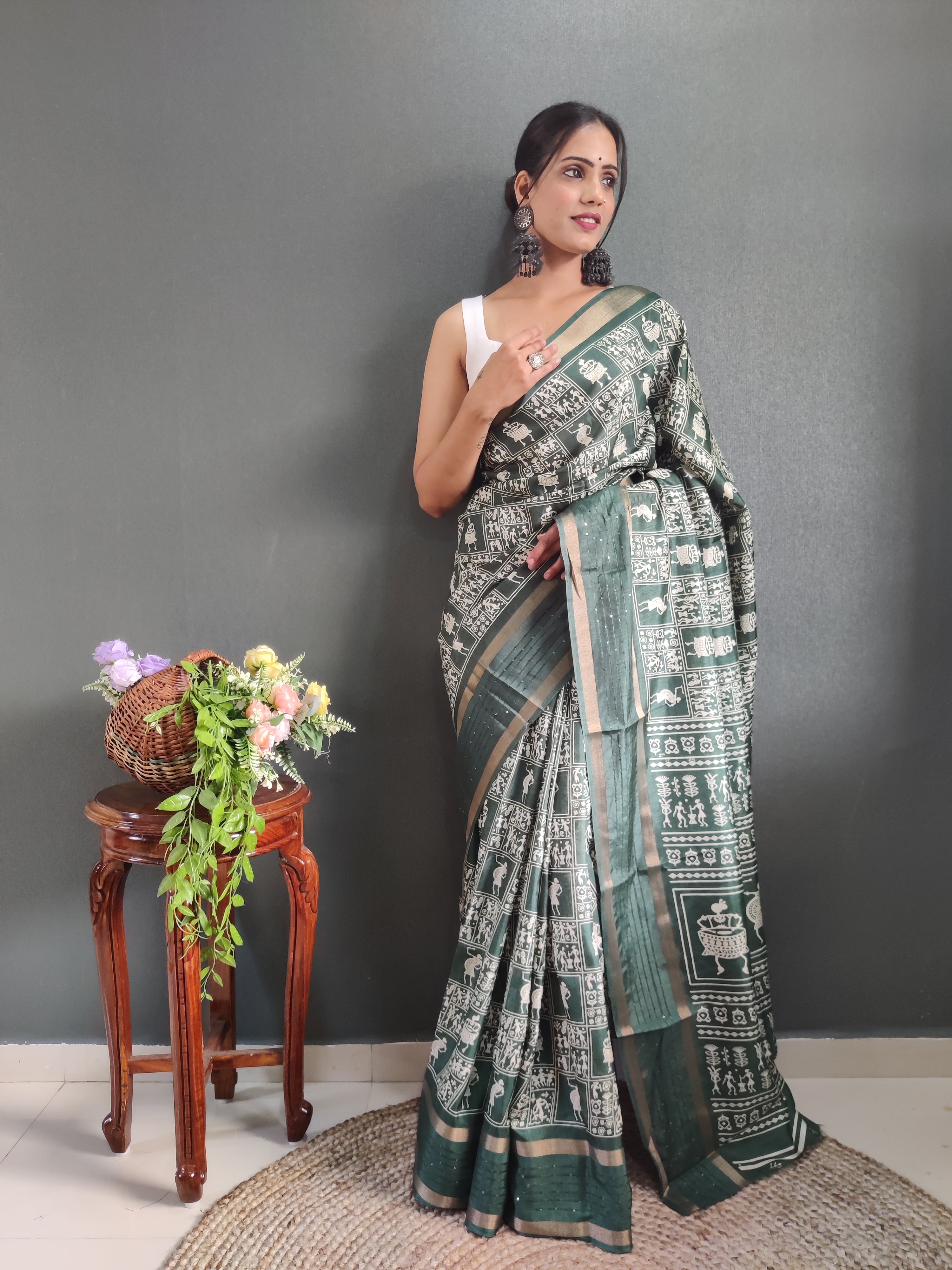 Fancy Dola Silk Jaipuri Print Henna Green Saree Divashree