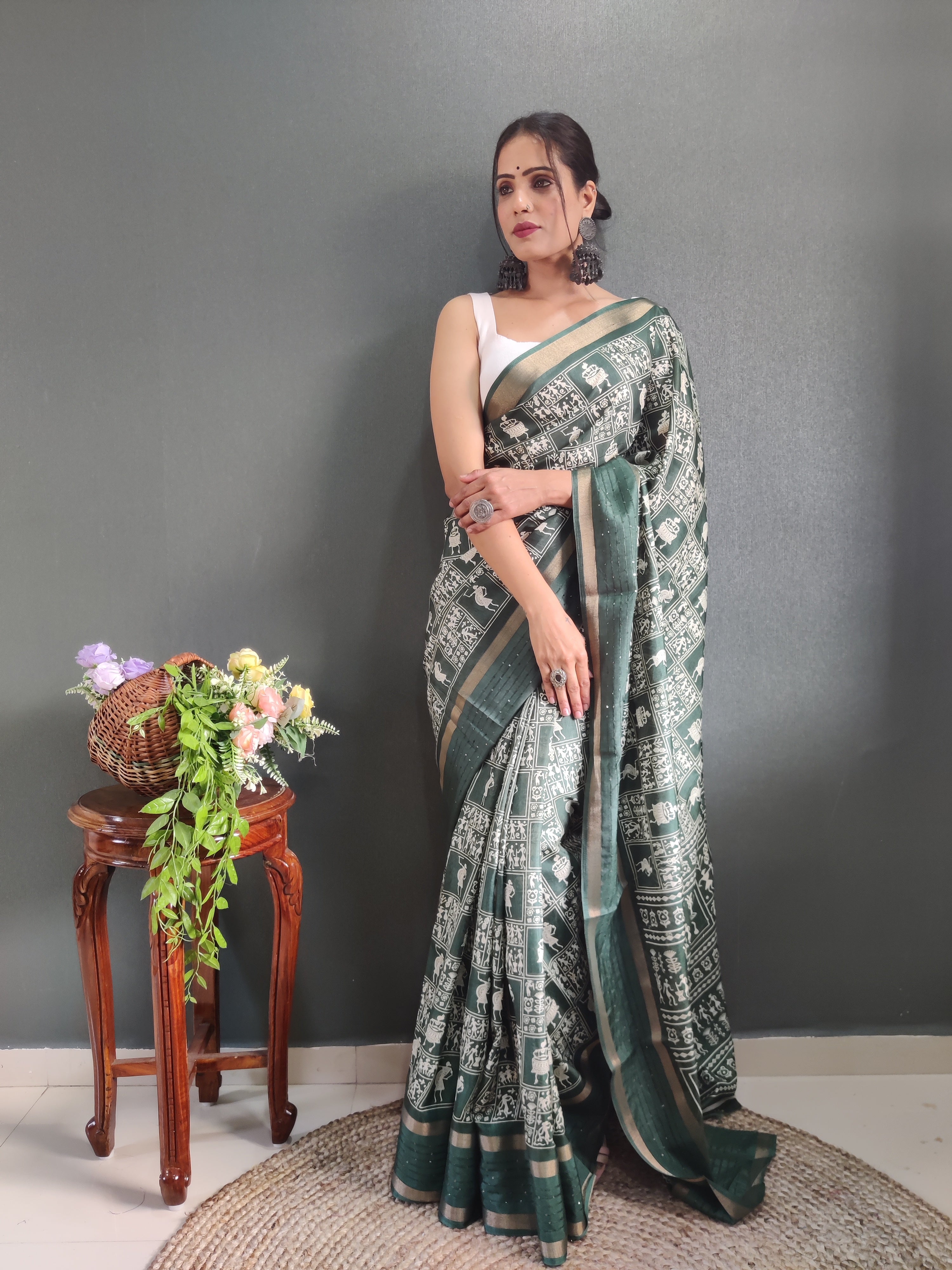 Fancy Dola Silk Jaipuri Print Henna Green Saree Divashree