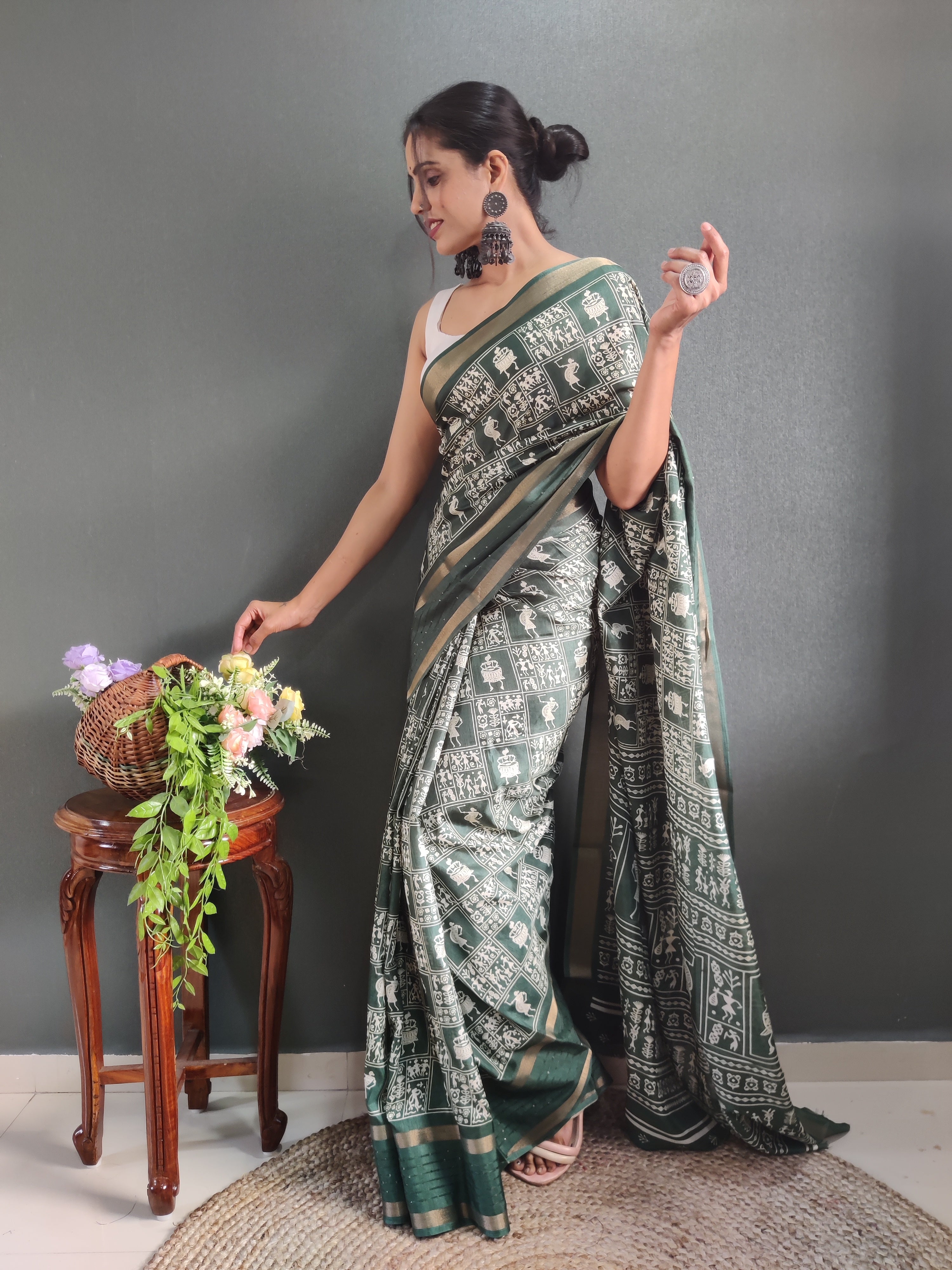 Fancy Dola Silk Jaipuri Print Henna Green Saree Divashree