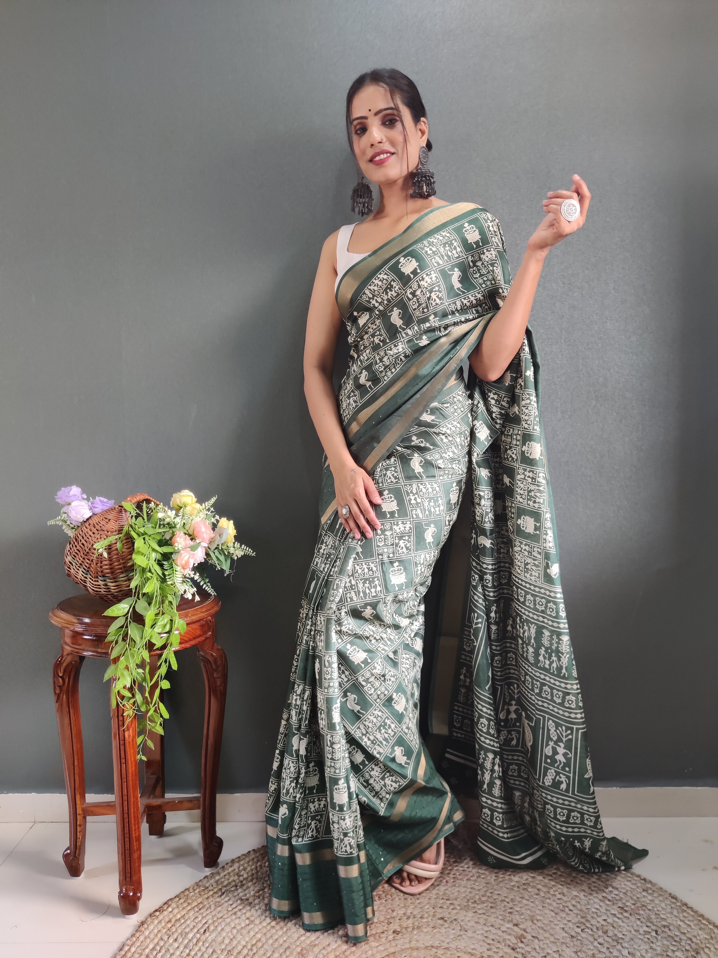 Fancy Dola Silk Jaipuri Print Henna Green Saree Divashree