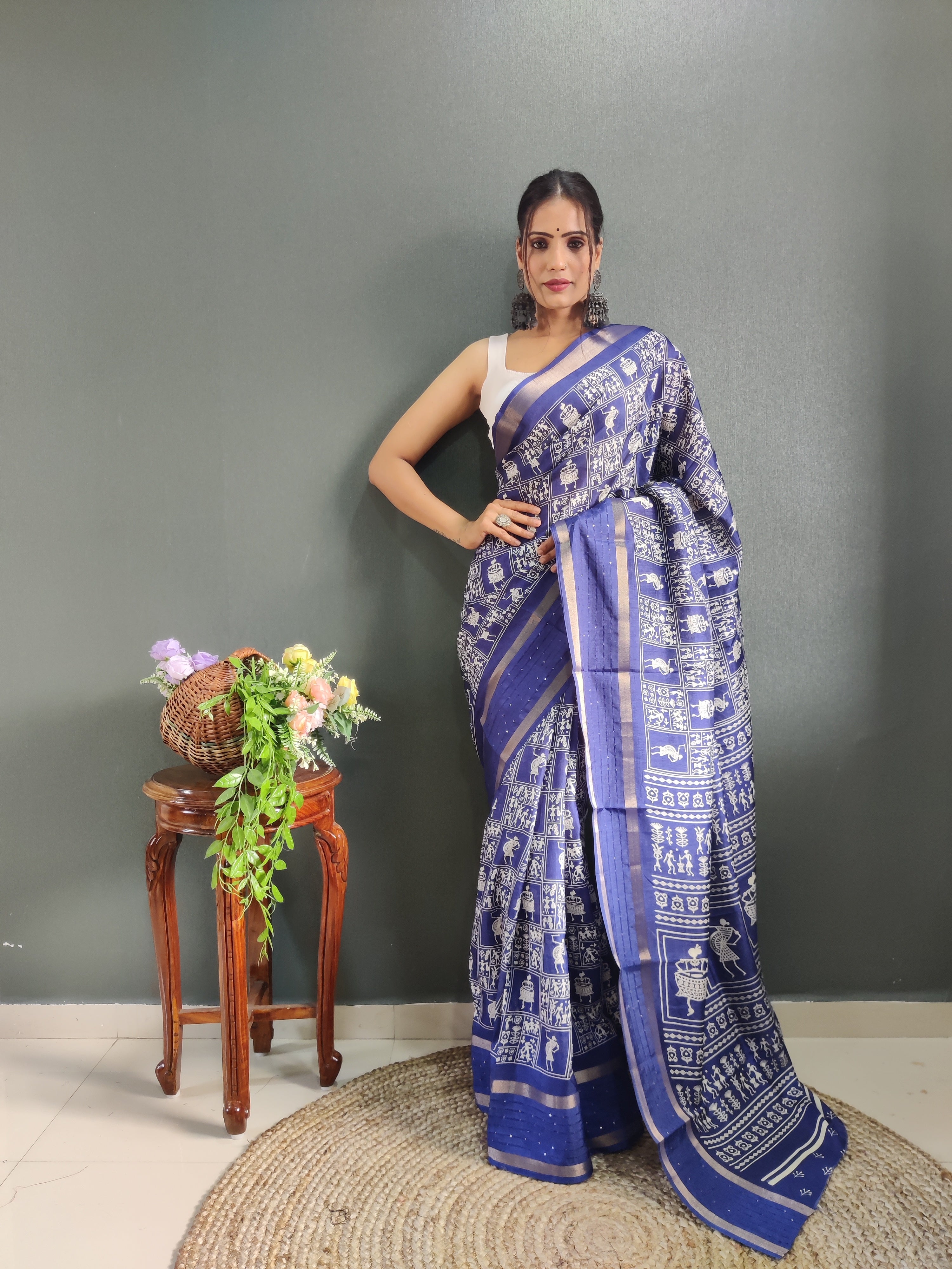 Fancy Dola Silk Jaipuri Print Sea Blue Saree Divashree