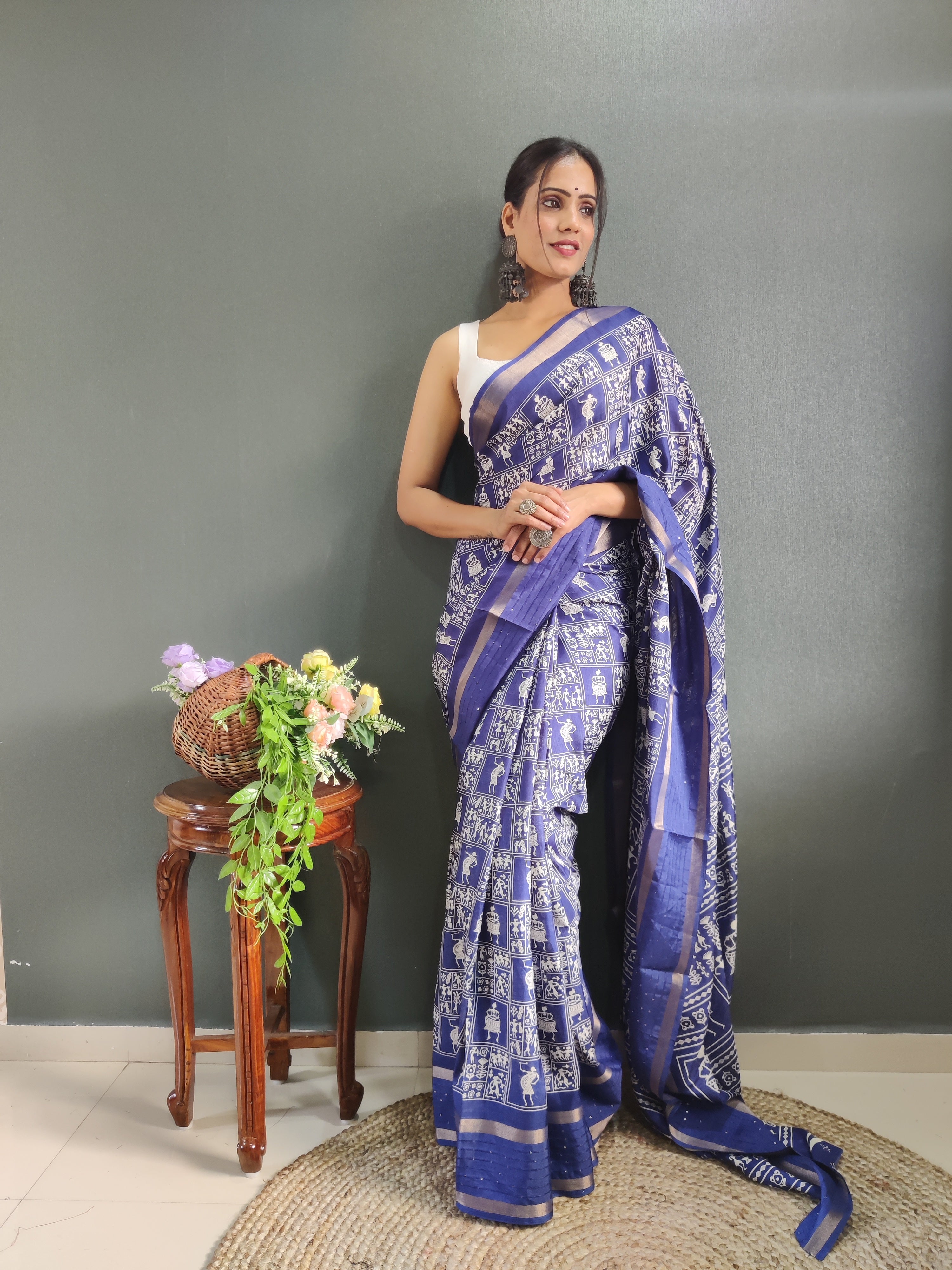 Fancy Dola Silk Jaipuri Print Sea Blue Saree Divashree