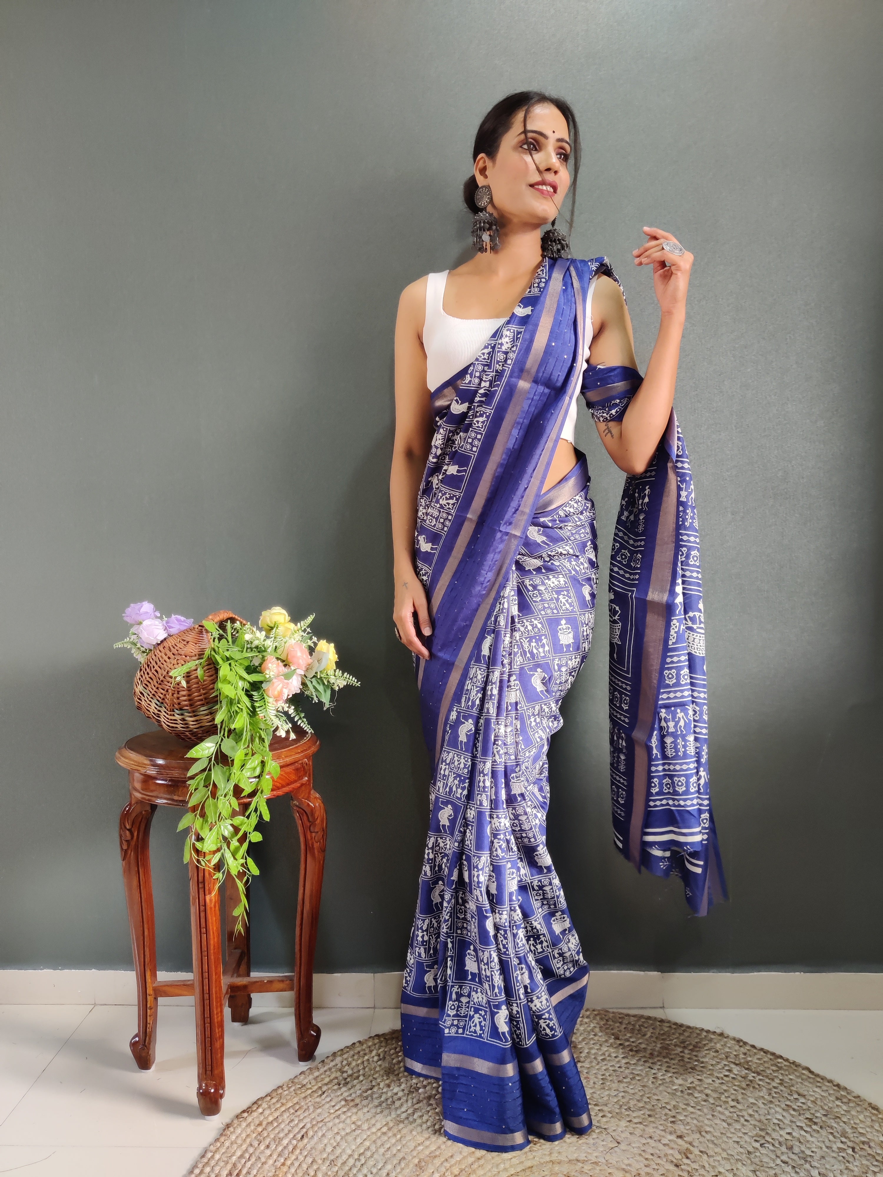 Fancy Dola Silk Jaipuri Print Sea Blue Saree Divashree