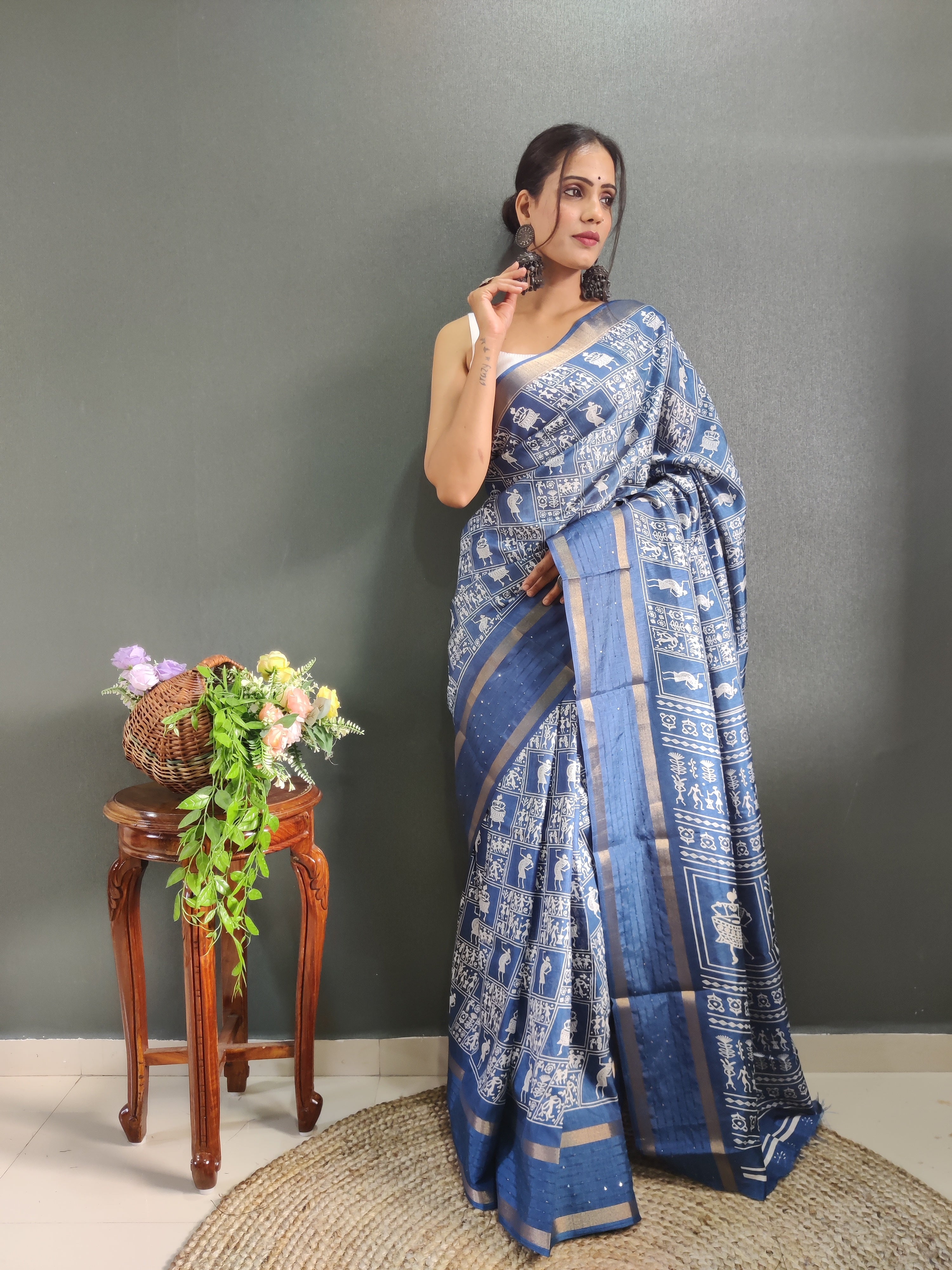 Fancy Dola Silk Jaipuri Print Rama Blue Saree Divashree