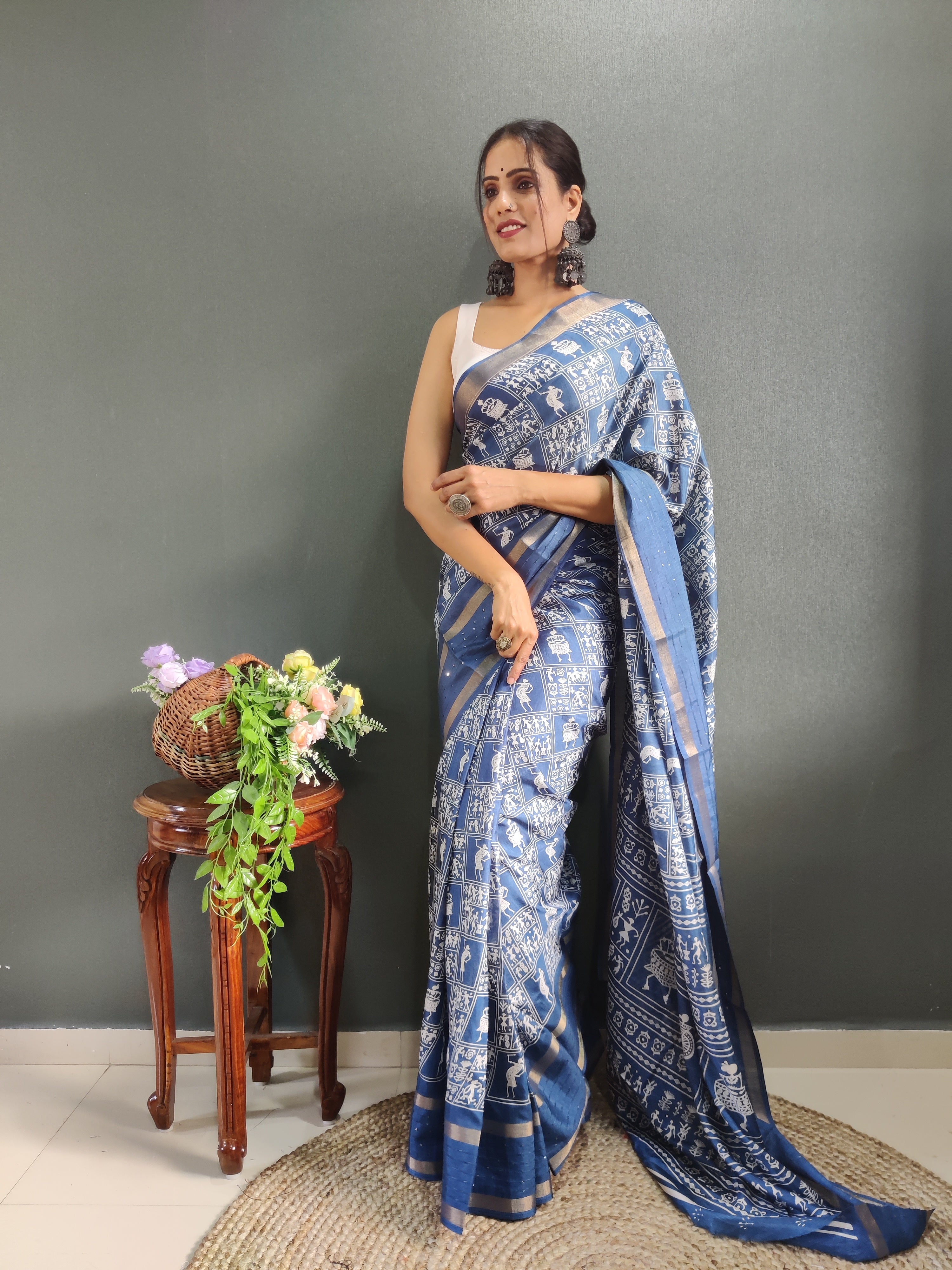 Fancy Dola Silk Jaipuri Print Rama Blue Saree Divashree