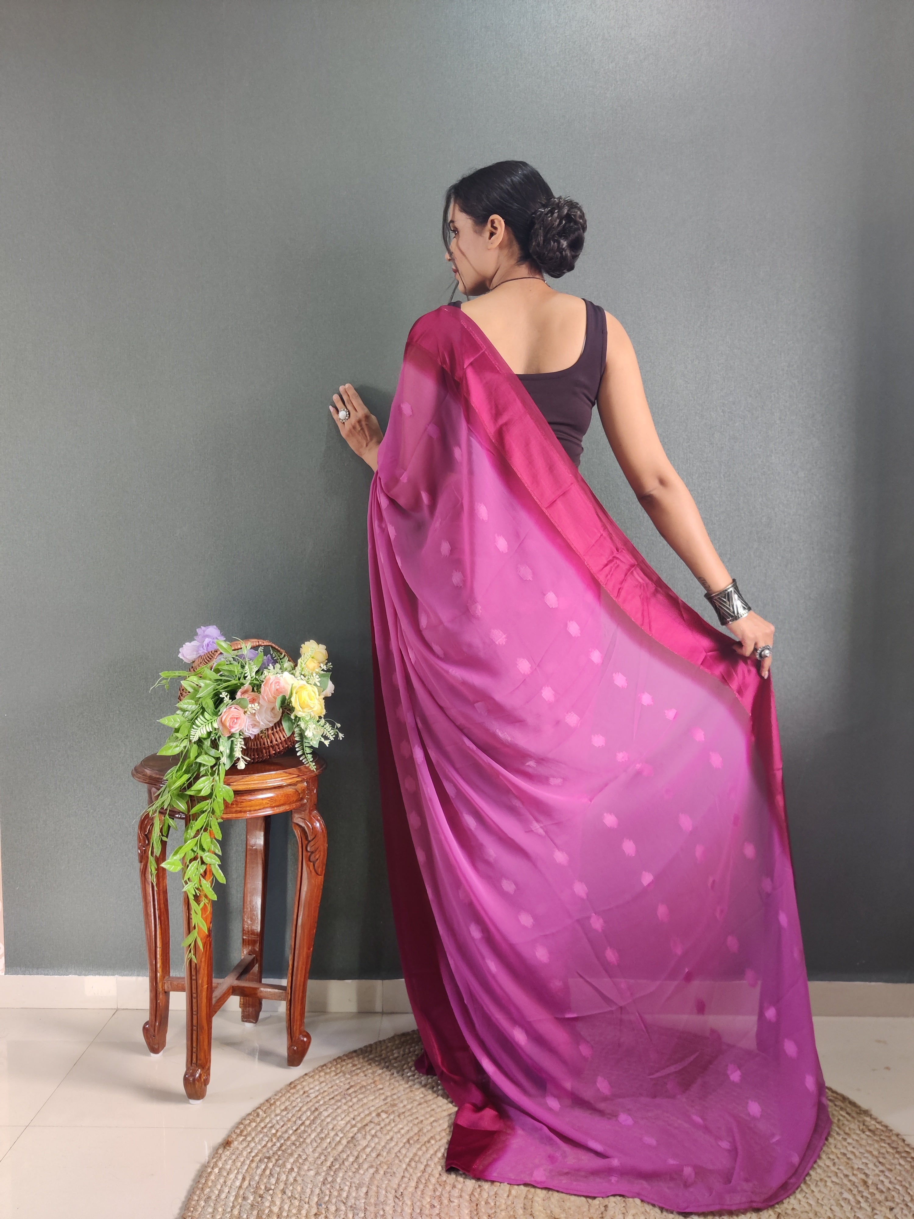 Pending Buti Print One Minute Ready To Wear Pink Saree With Unstiched Blouse